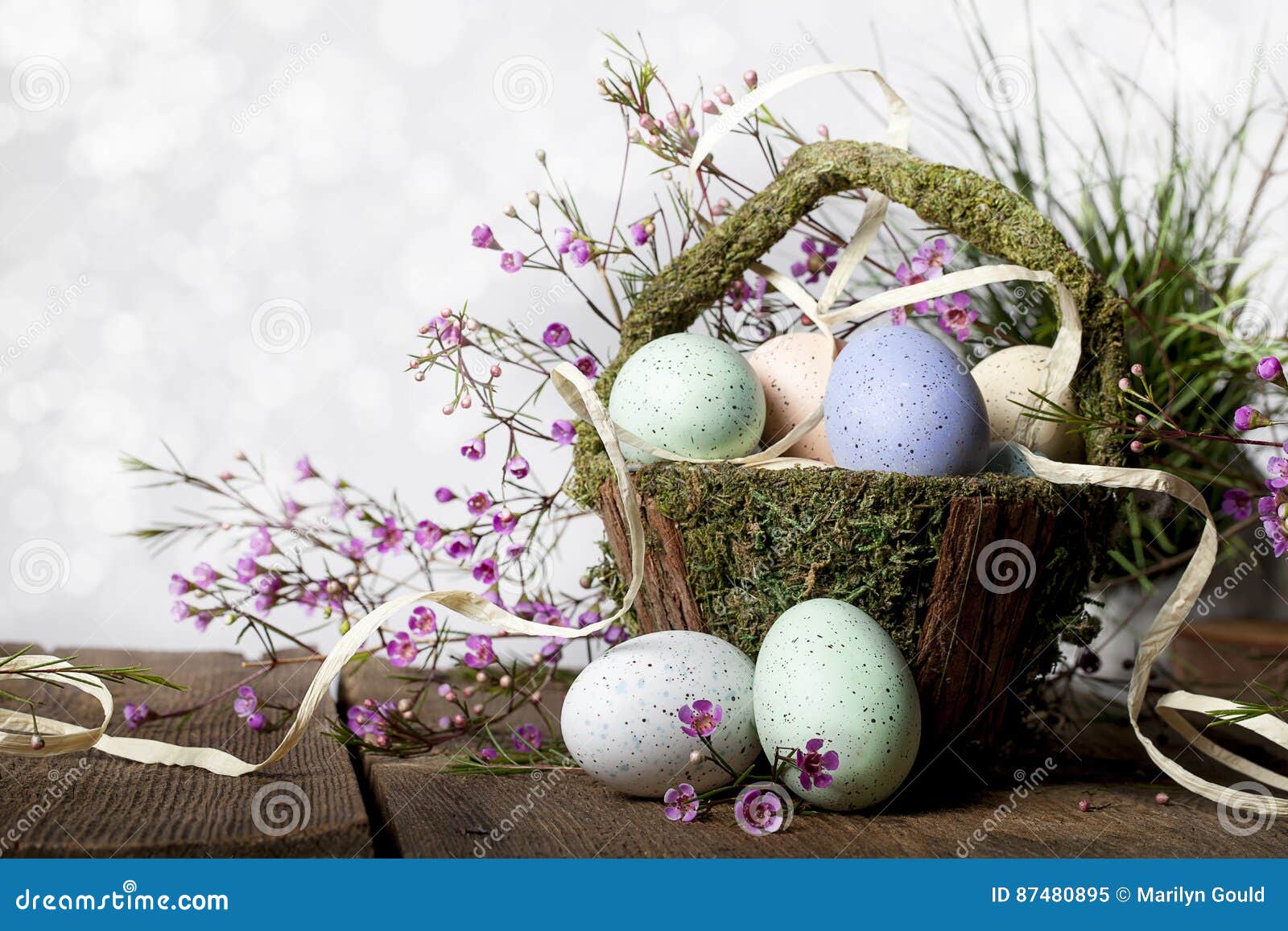 Easter Basket With Eggs Stock Image Image Of Moss Wood 87480895
