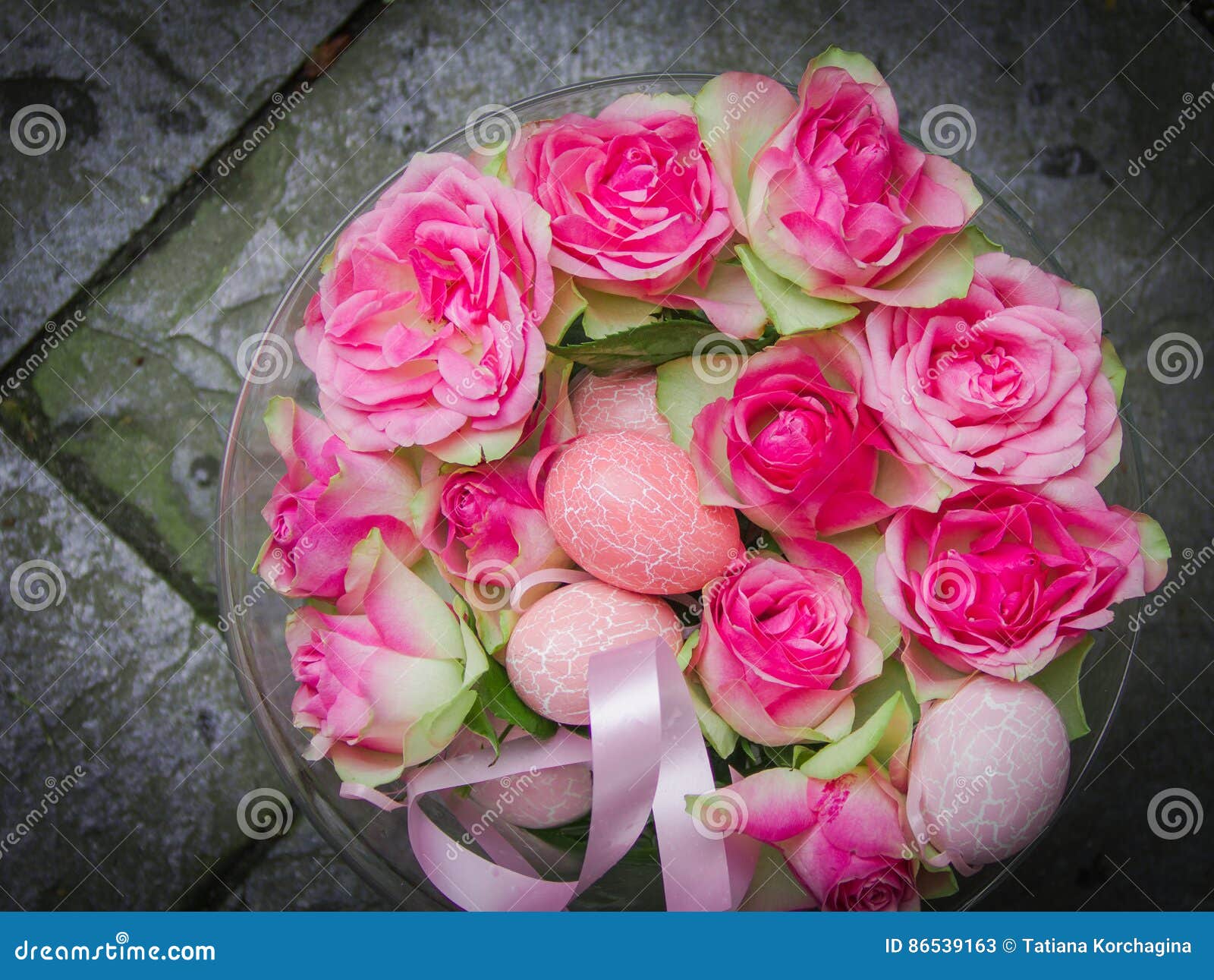 easter bouquet of pink eggs and pink roses.