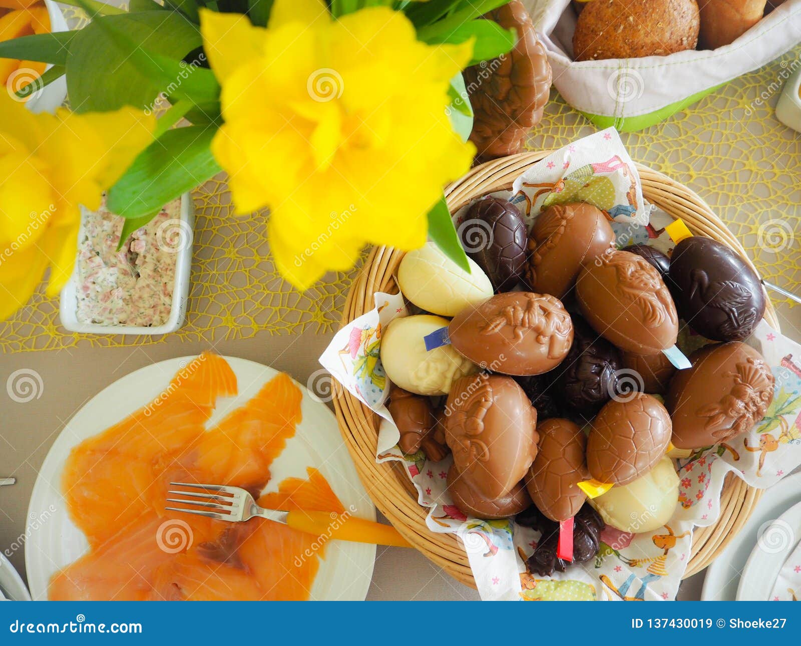 Easter Brunch Flat Lay With Chocolate Eggs Smoked Salmon Bread Buns And A Yellow Daffodil Stock Image Image Of Homemade Festive 137430019