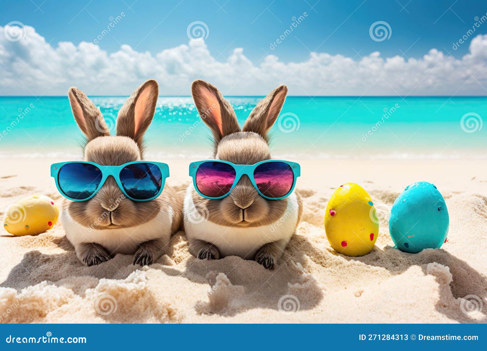 Easter Bunnies and Colorful Easter Eggs on a Sand Beach. Easter