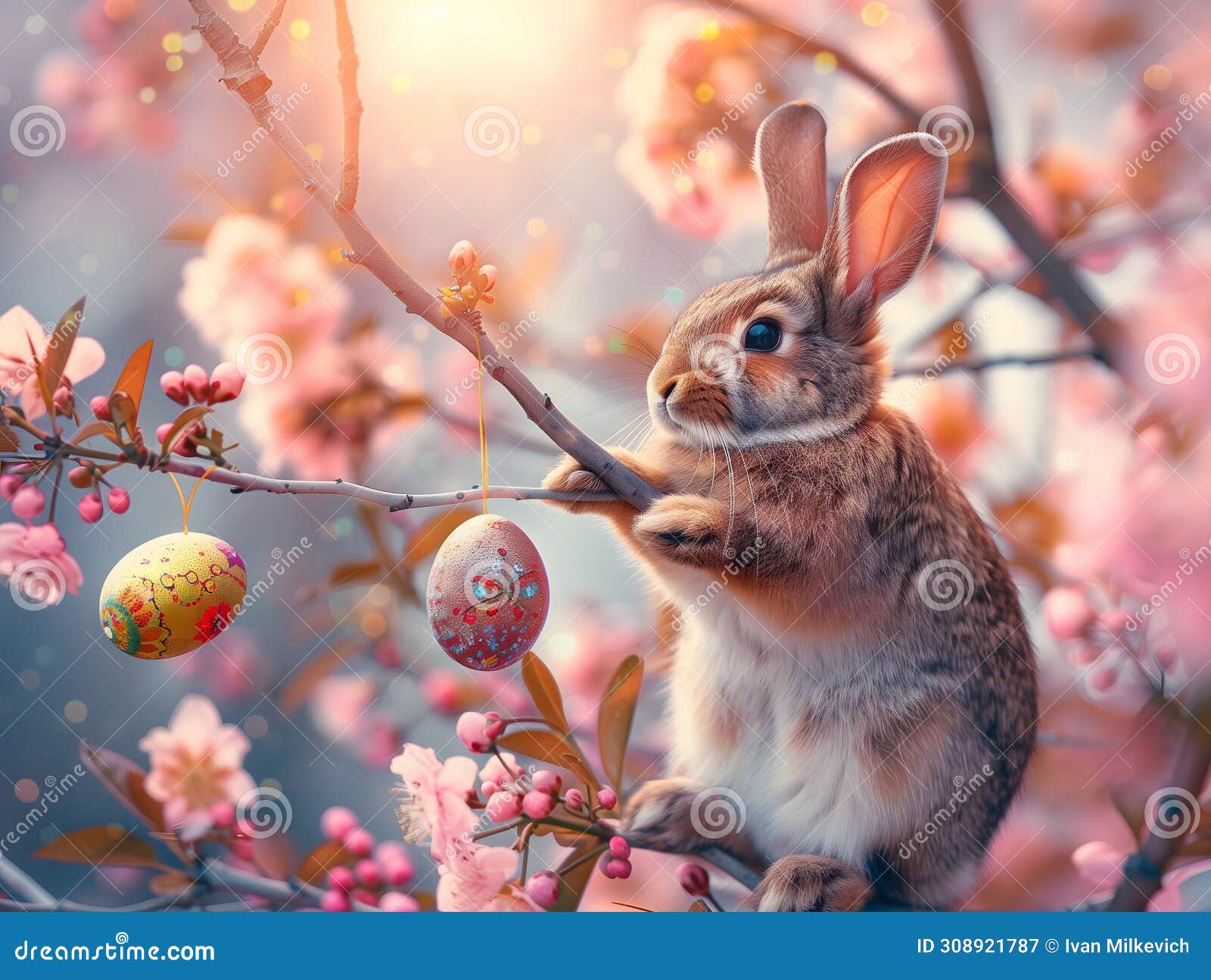 easter bunny decorating tree branches with colorful eggs
