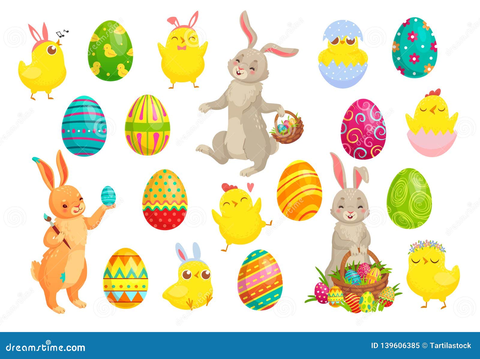 easter bunny eggs. cute rabbit, spring chicks and colorful egg   set