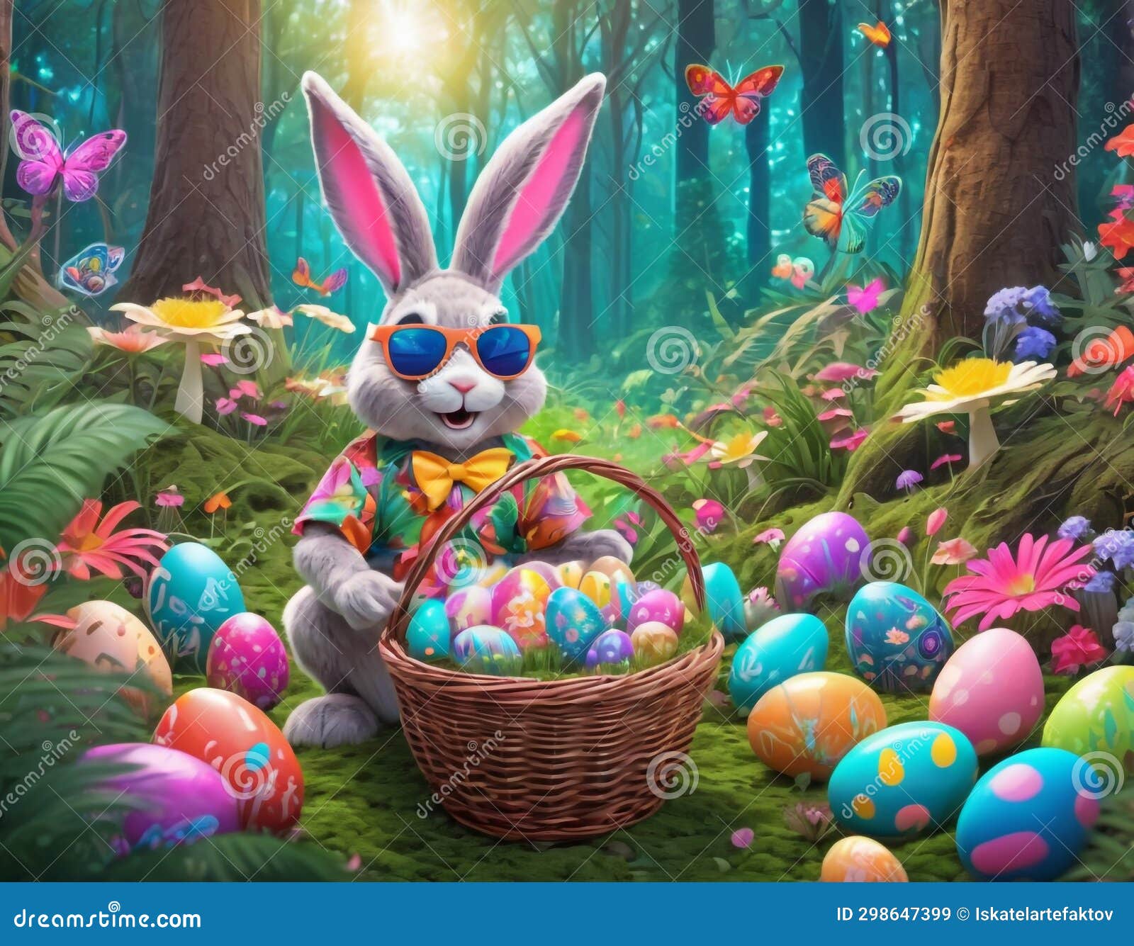 Easter Bunny Hides Colorful Eggs in the Forest Clearing, Around Him are