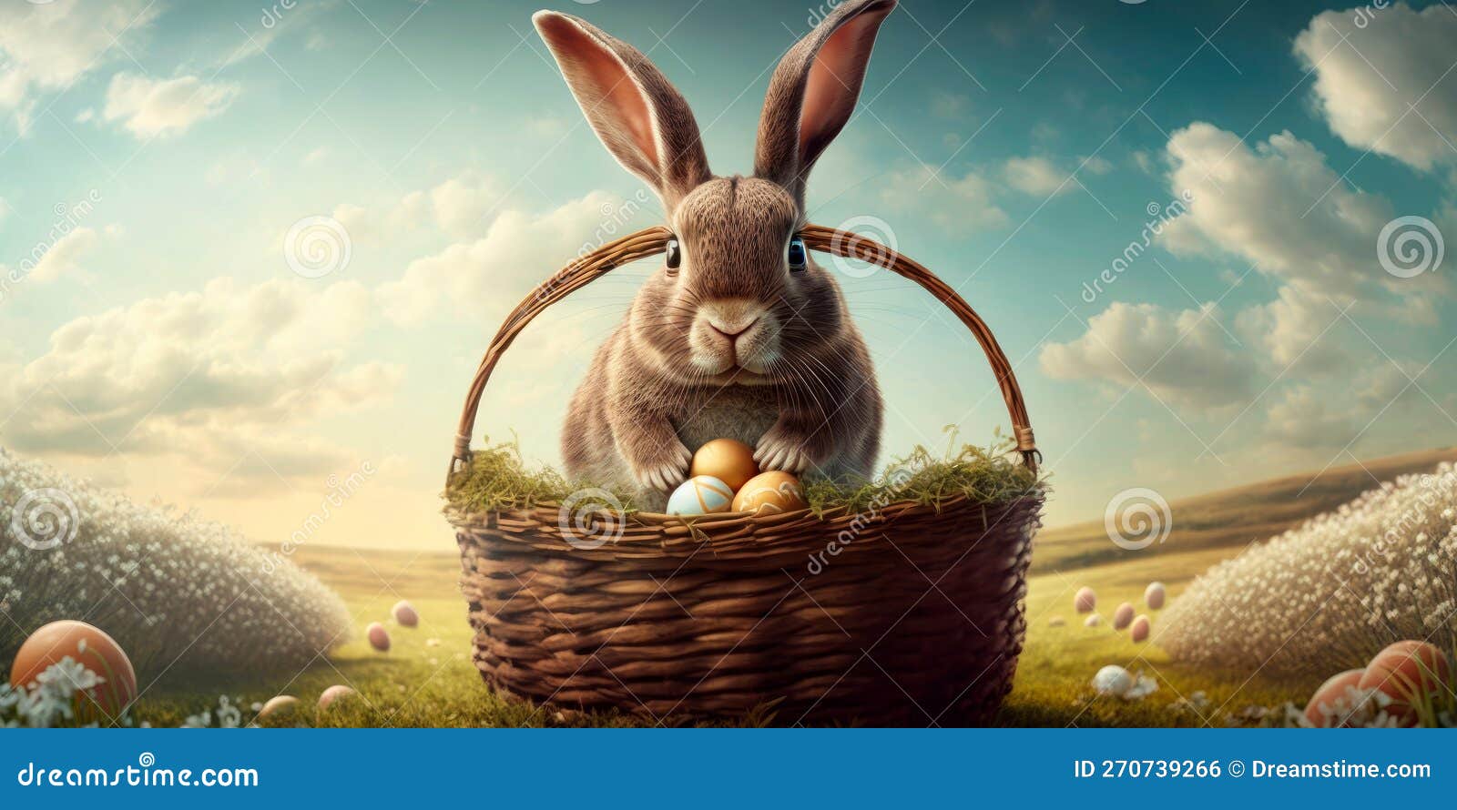 Easter Bunny Holding a Basket of Eggs Generative AI Stock Illustration