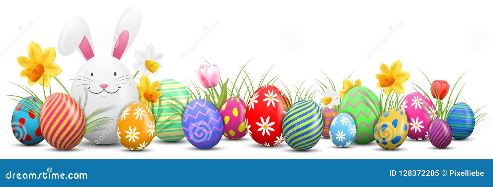 easter bunny with painted easter eggs and flowers 