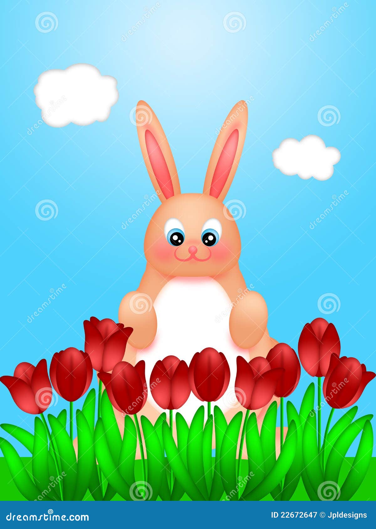 Easter Bunny Rabbit on Field of Tulips Flowers Stock Illustration