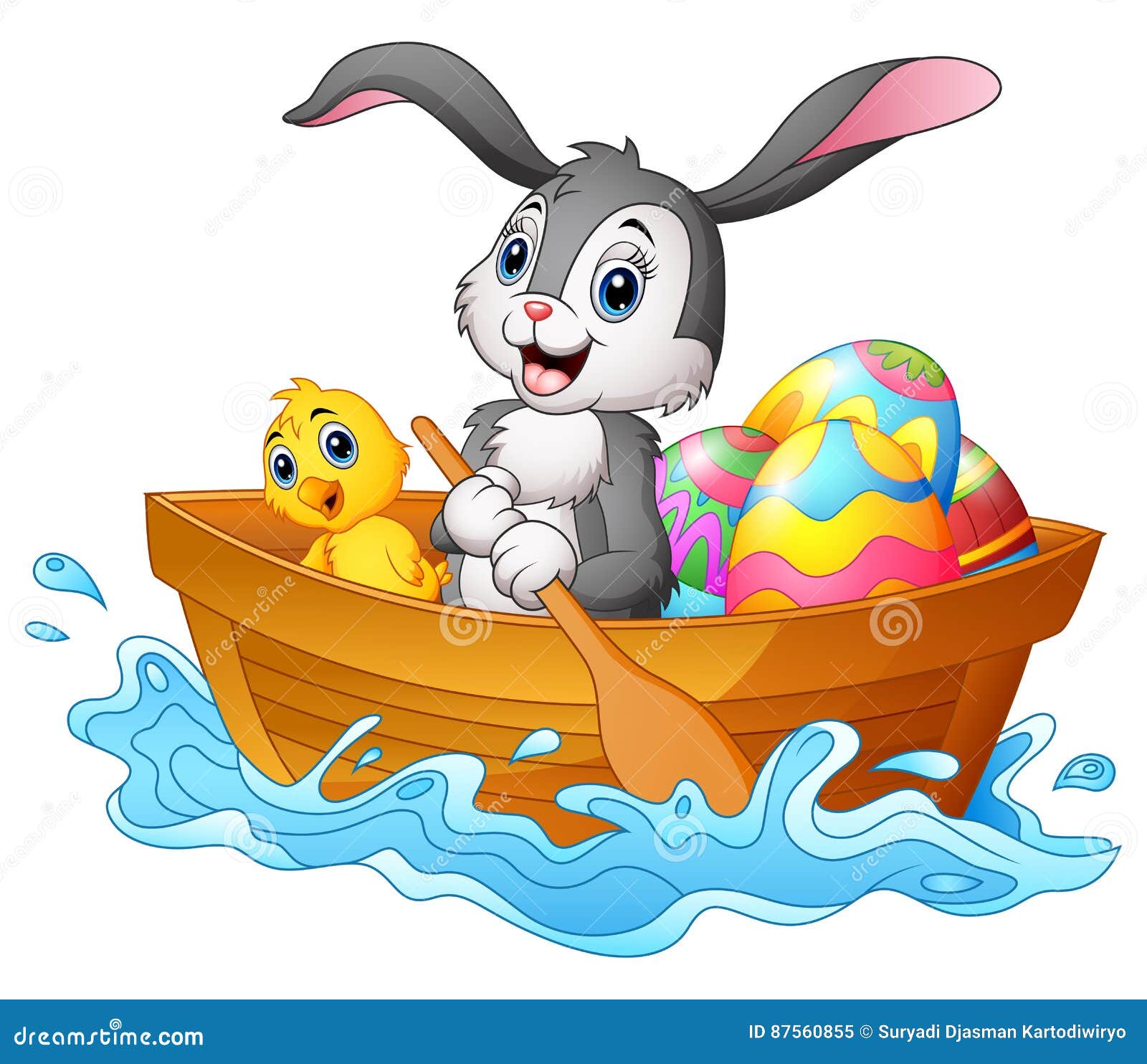 Easter Bunny Rowing Boat with Chicks and Decorated Easter Eggs Stock