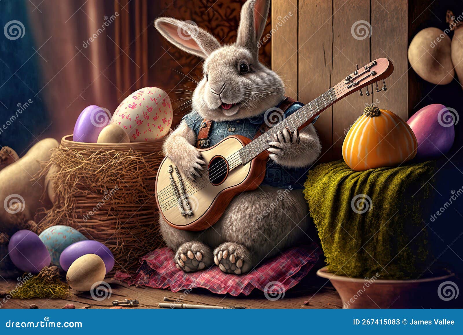 Easter Bunny Surrounded by Easter Eggs Playing an Acustic Guitar AI