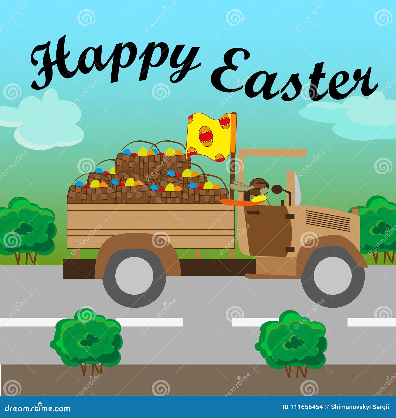 Truck Filled With Easter Eggs and Happy Easter In Black Lettering