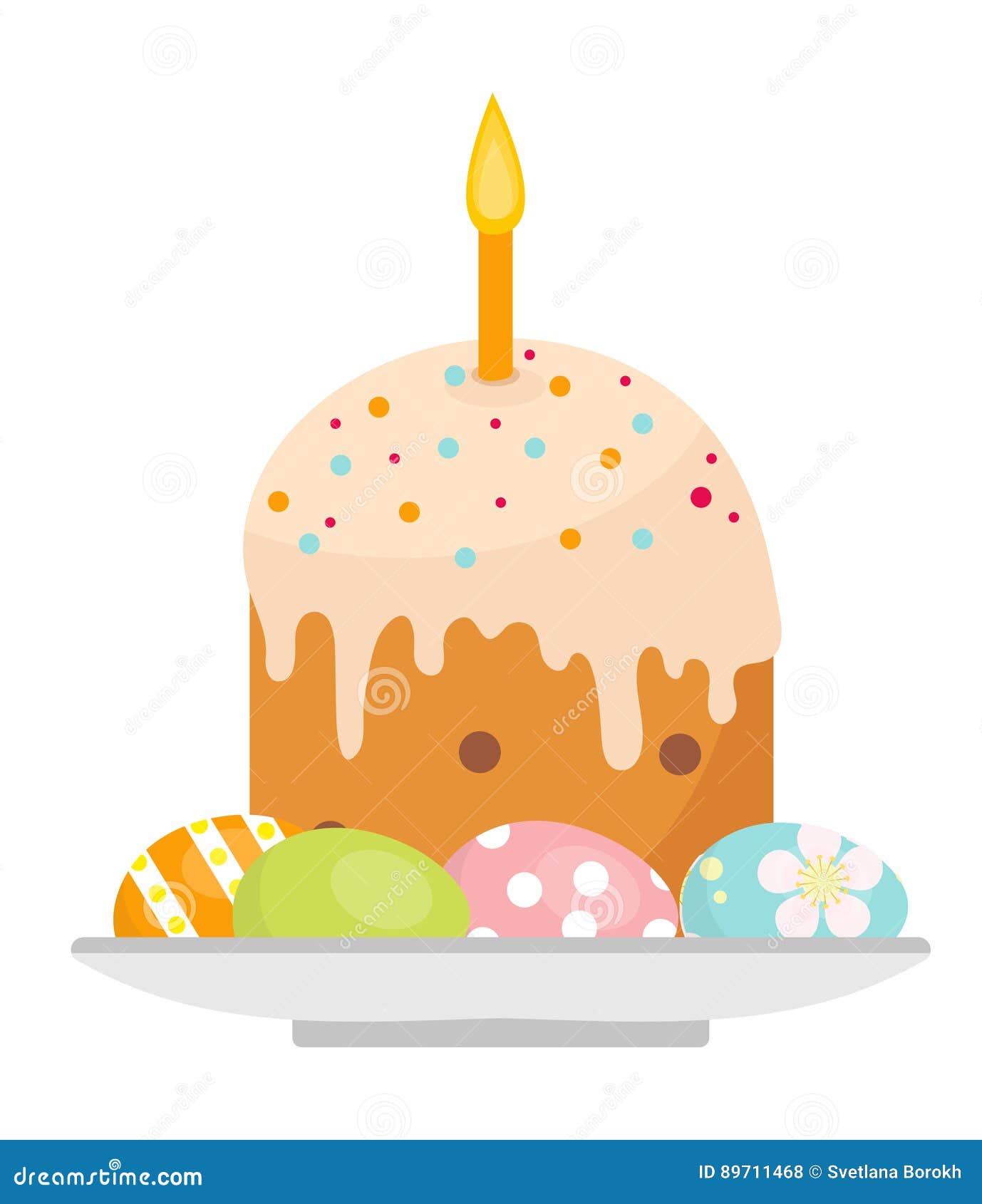 Easter Cake with Candles on a Plate with Eggs Icon, Flat Style. on White Background Stock Vector
