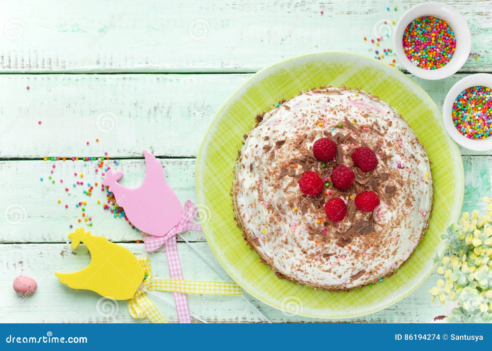 Easter Cake with Cottage Cheese Chocolate and Raspberry Stock Photo