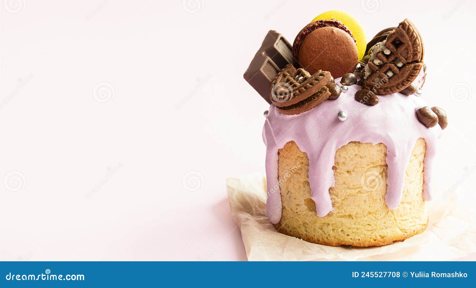 easter cake decorated with chocolate and cookies. traditional easter cake. banner. copy space
