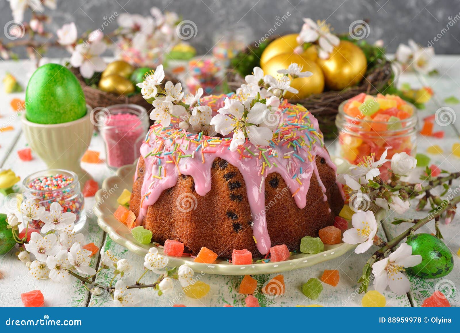Easter Cake, Flowers and Eggs Stock Photo Image of snack, pastry