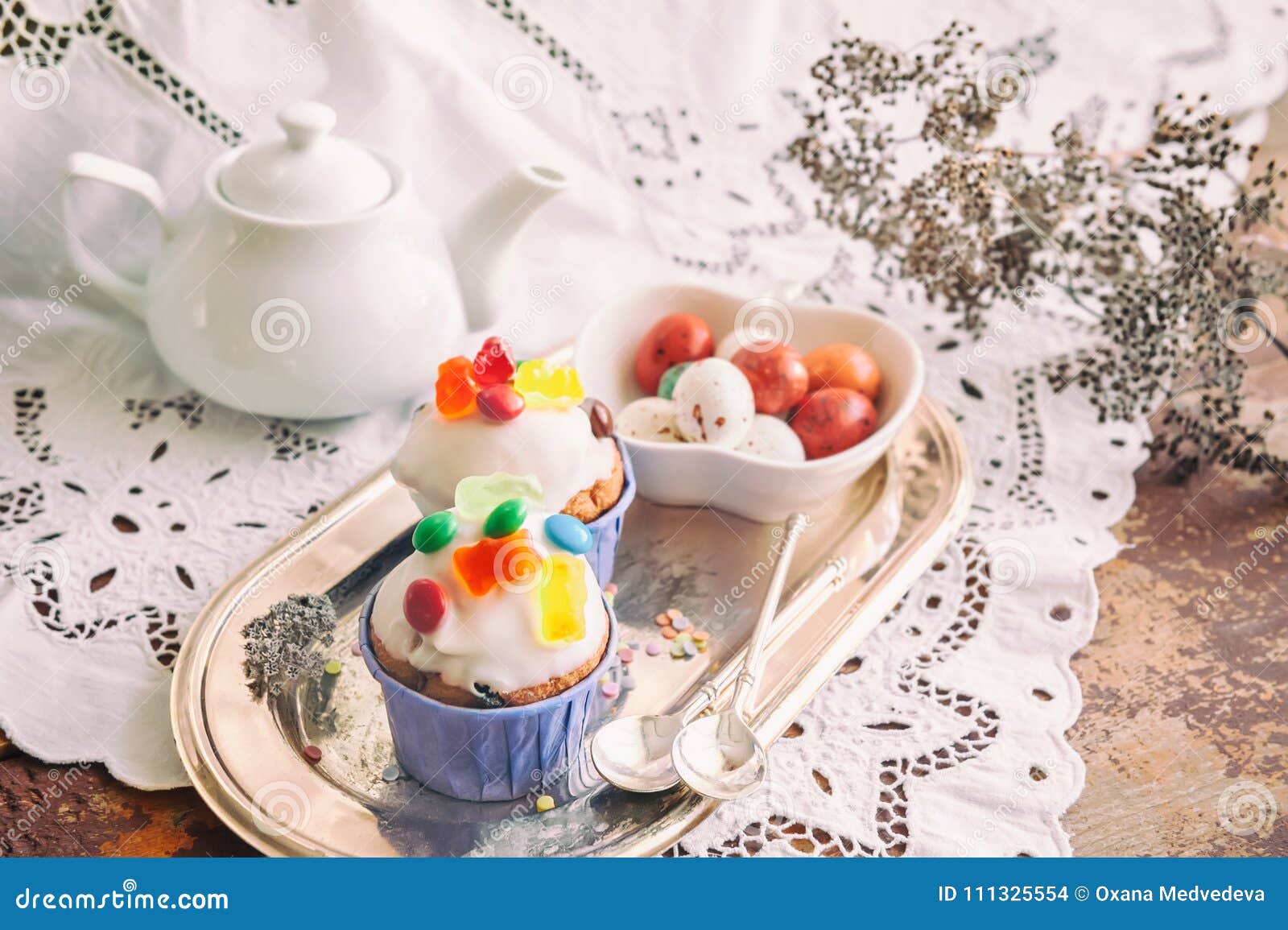 Easter Cakes with Icing and Marmalade Decoration and Caramel Marzipan