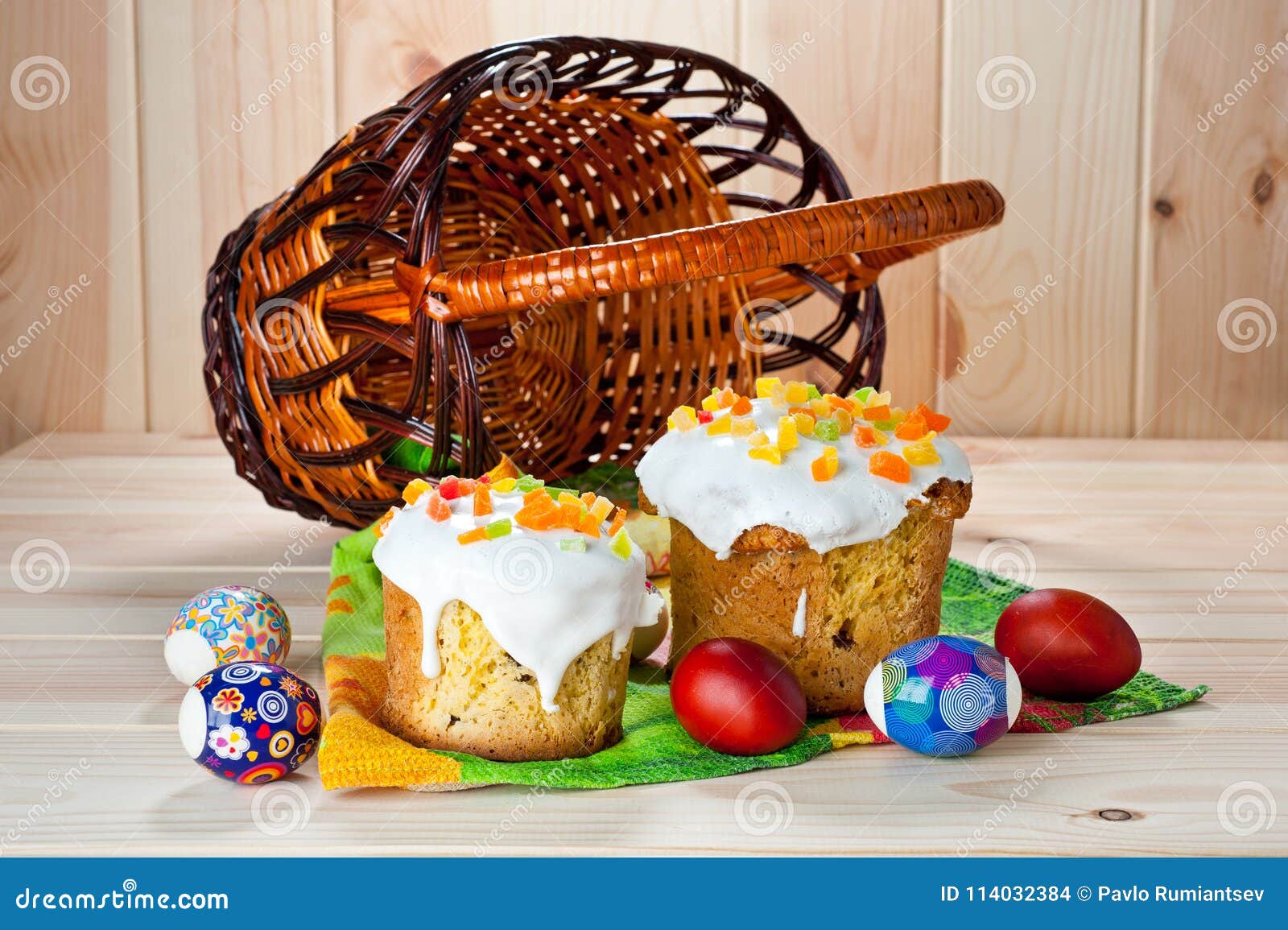 Easter Cakes and Painted Eggs on a Wooden Table Stock Photo Image of