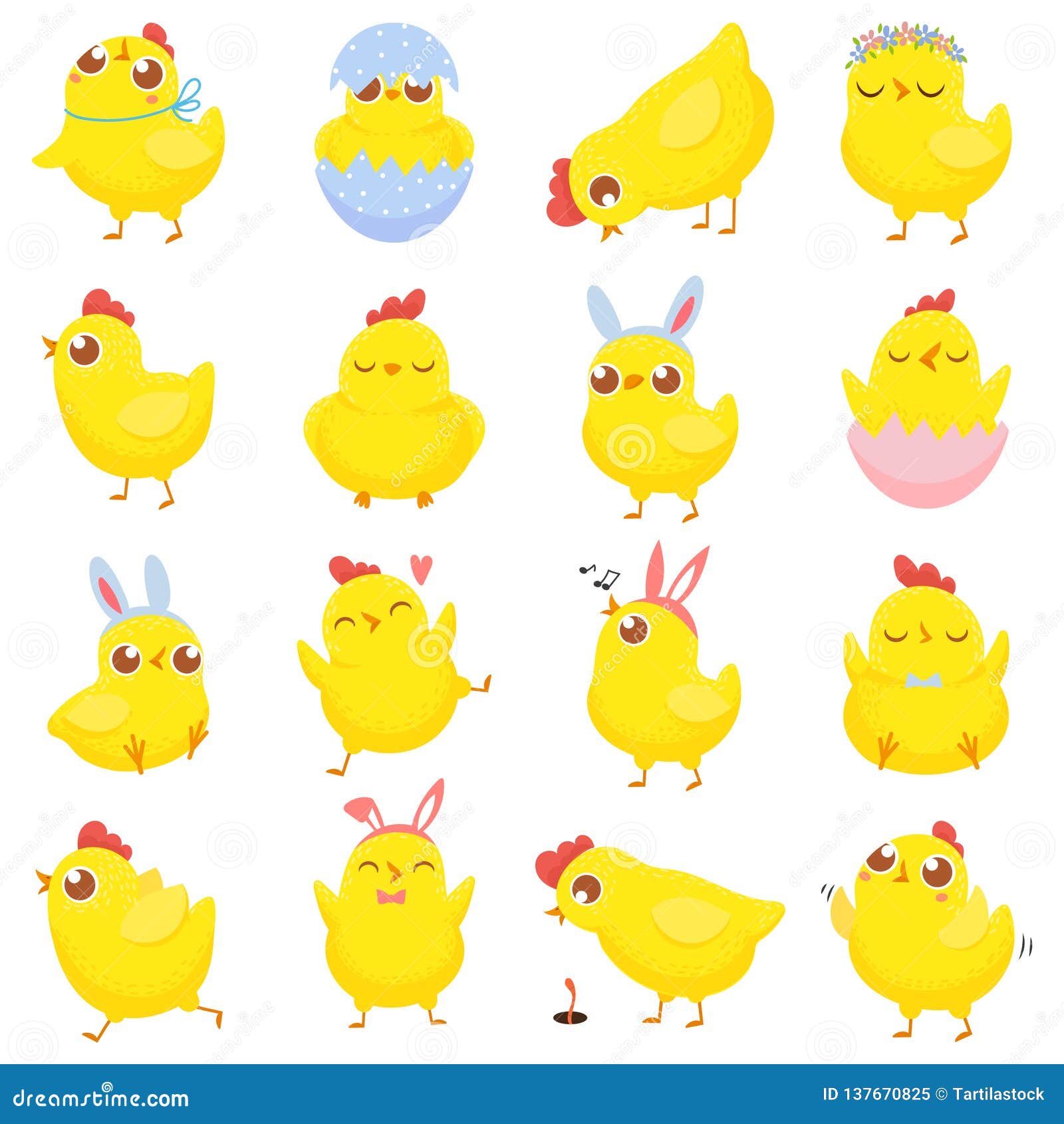 easter chicks. spring baby chicken, cute yellow chick and funny chickens  cartoon   set
