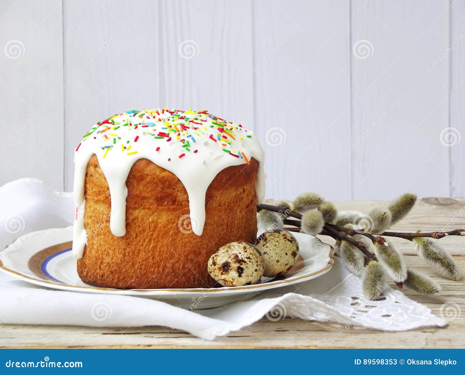 Easter Composition of Sweet Bread, Paska, Willow Twigs and Eggs on ...