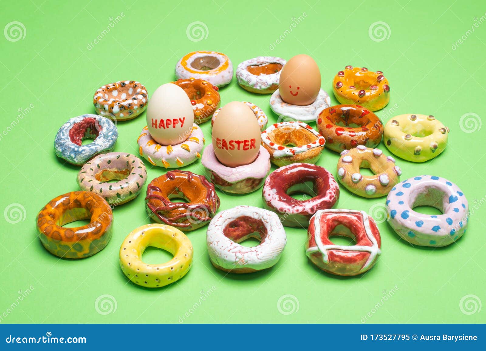 Easter Concept. Collection of Decorative Handmade Ceramic Doughnuts