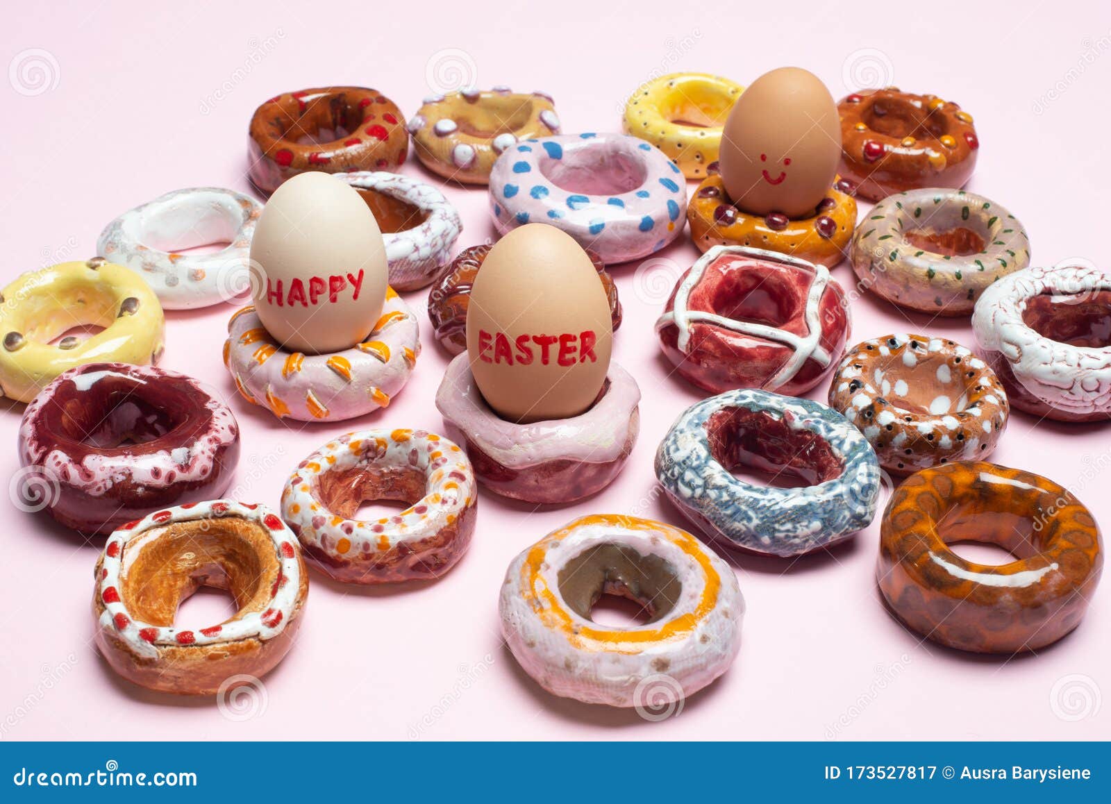 Easter Concept. Collection of Decorative Handmade Ceramic Doughnuts
