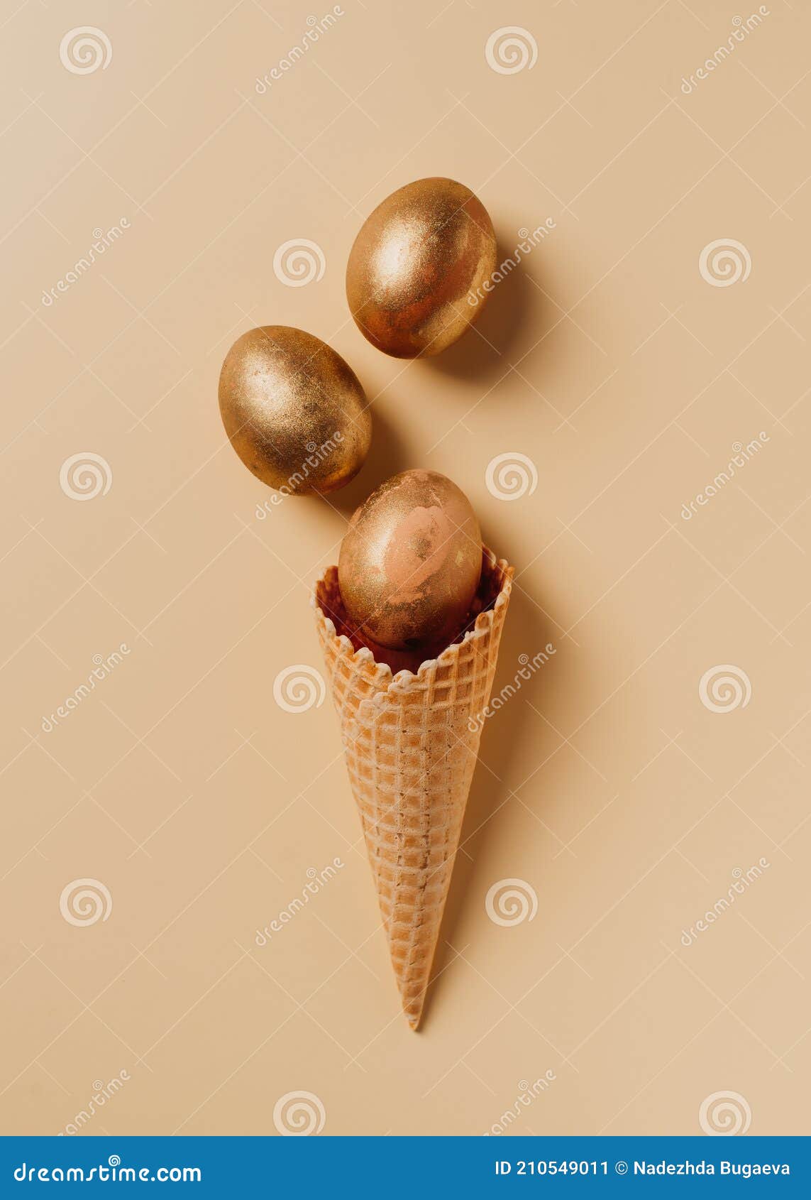 Easter Concept with Golden Eggs and Ice Cream Cone on Yellow Background Stock Image Image of