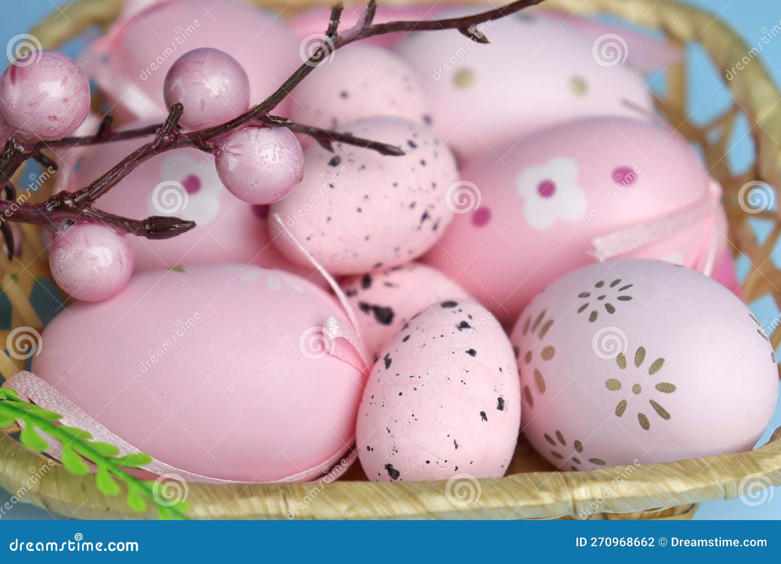 Easter Decor. a Branch with Decorations on a Blue Monochromatic