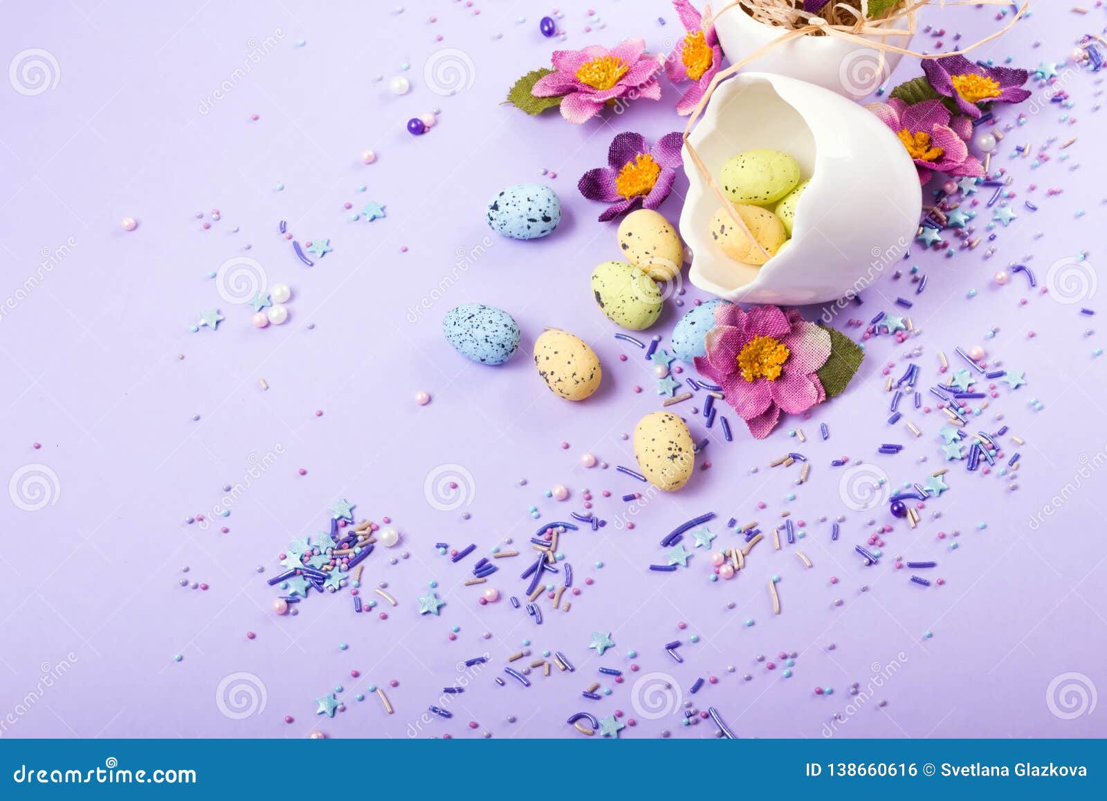 Easter Decor in Pastel Colors. Easter Eggs, Candy, Sweets, Flowers and