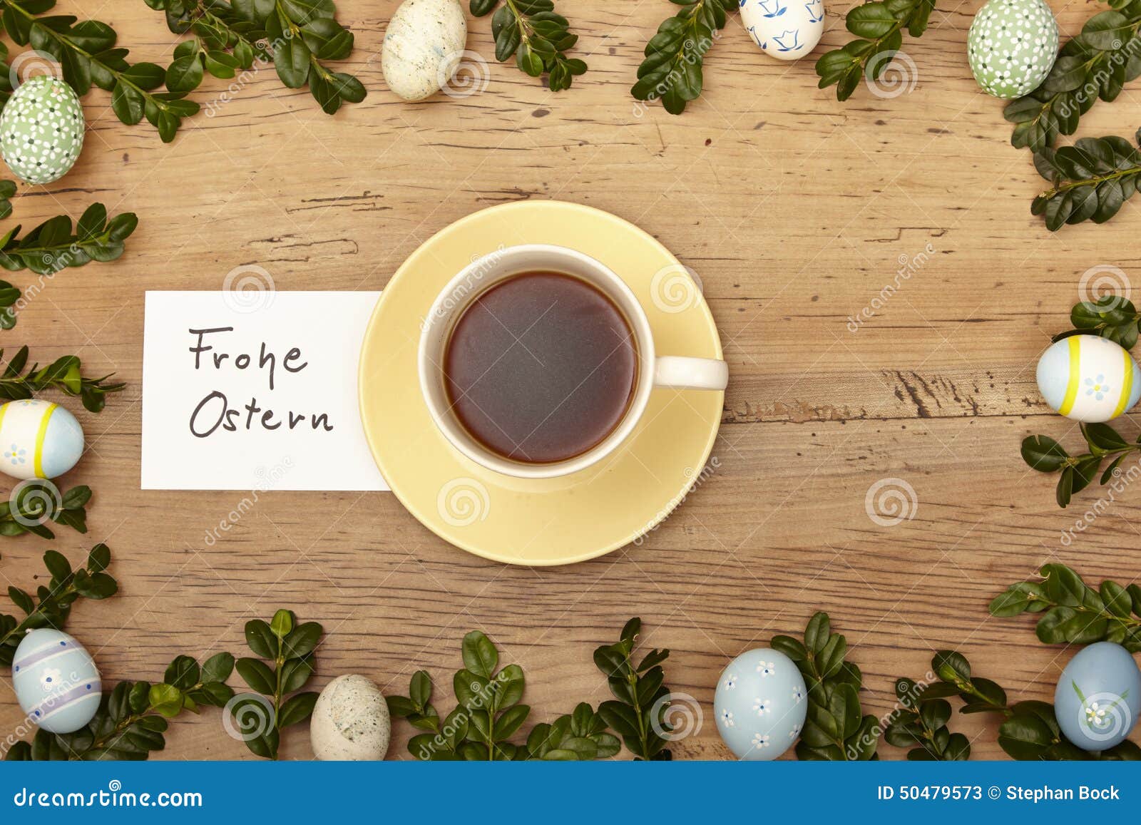 Easter Decoration, Coffee Cup, Card, Happy Easter on Wood Stock Image