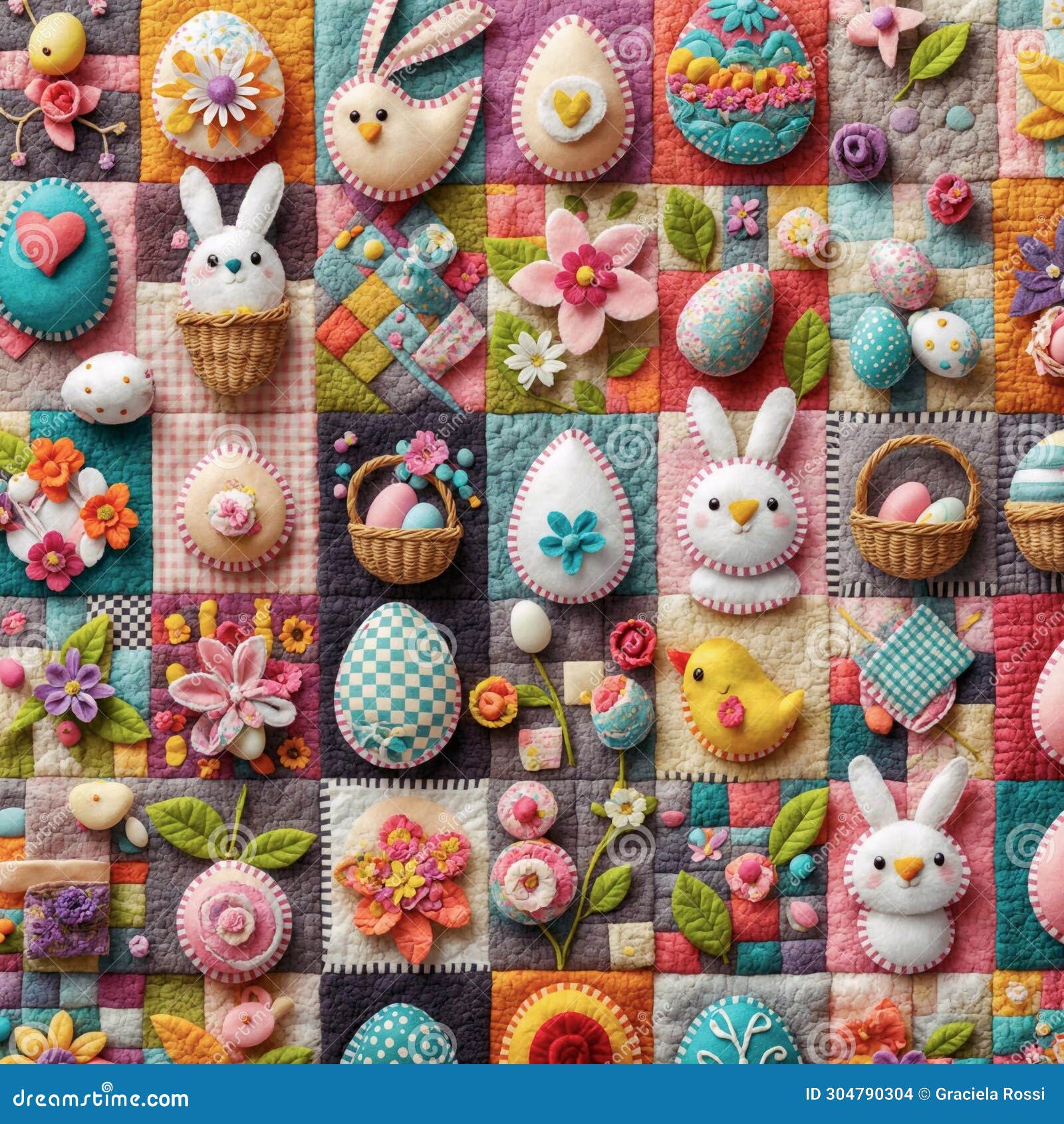 easter decoration with colorful eggs and bunnies on white background, fieltro