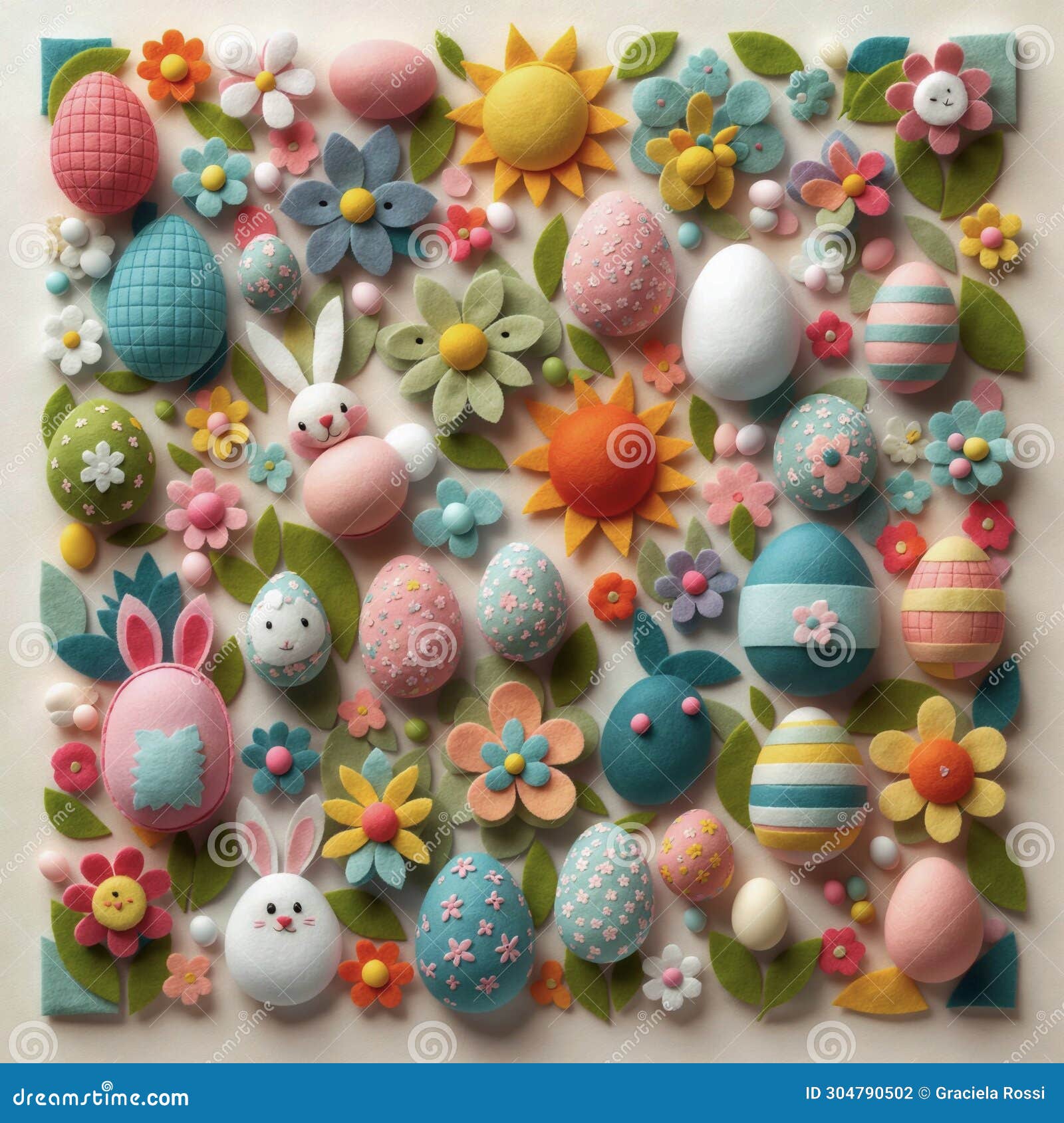 easter decoration with eggs, flowers and rabbits on white background. fieltro.