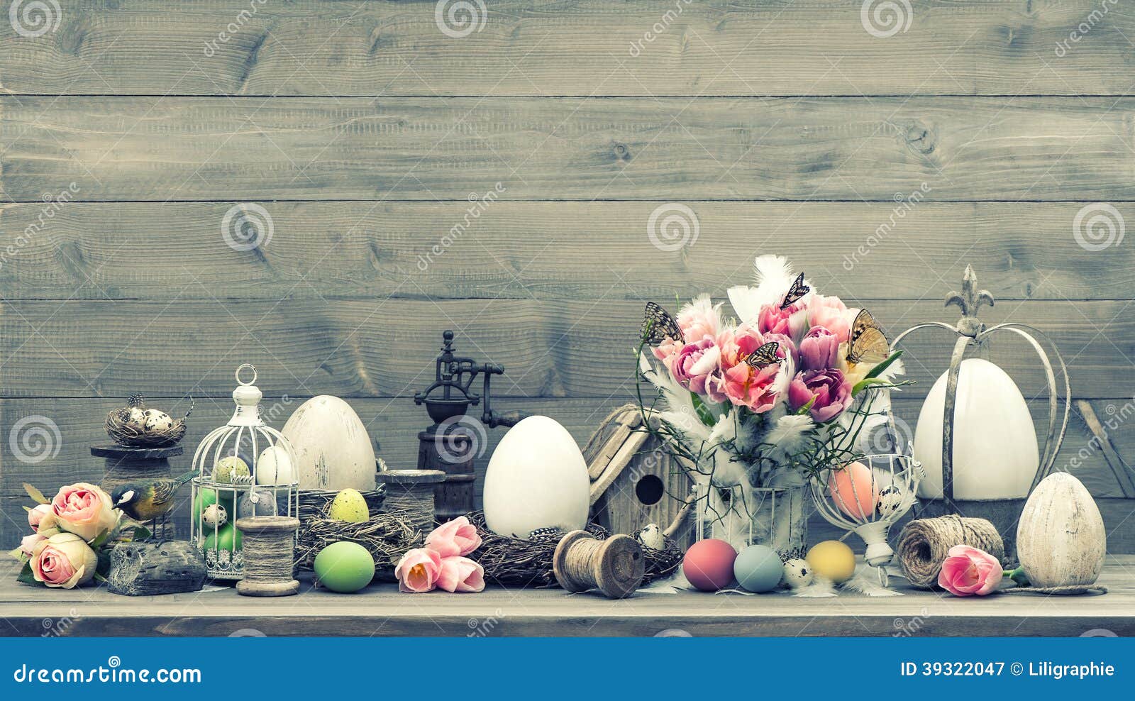 Easter decoration with pink tulips and eggs. Easter decoration with pink tulip flowers and colored eggs. vintage style toned picture