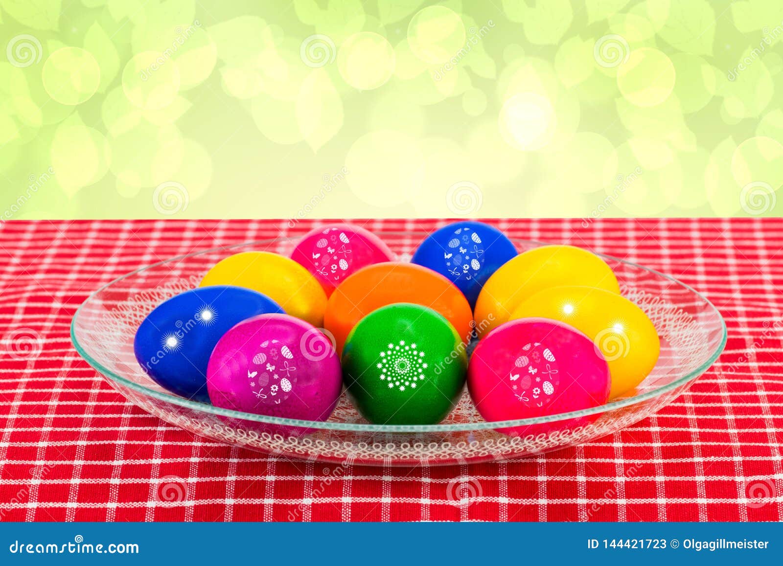 Easter Decorations Background. Colorful Easter Eggs in a Glass Bowl on ...