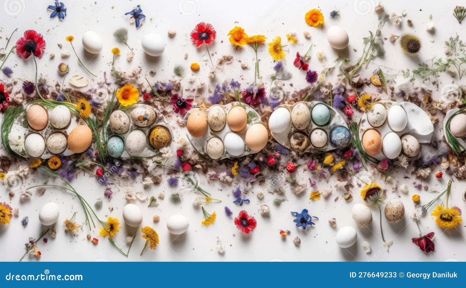 Easter Delights: Quail Eggs and Spring Blooms on a White Canvas - Intricate Top View Stock Image 