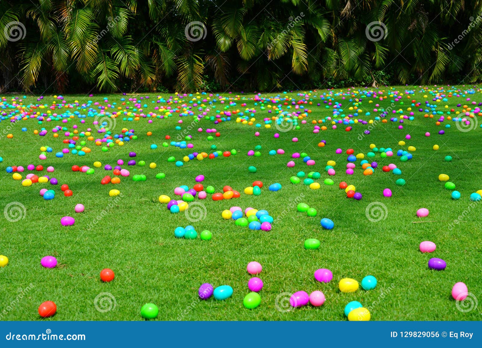 an easter egg hunt with plastic eggs on a green lawn