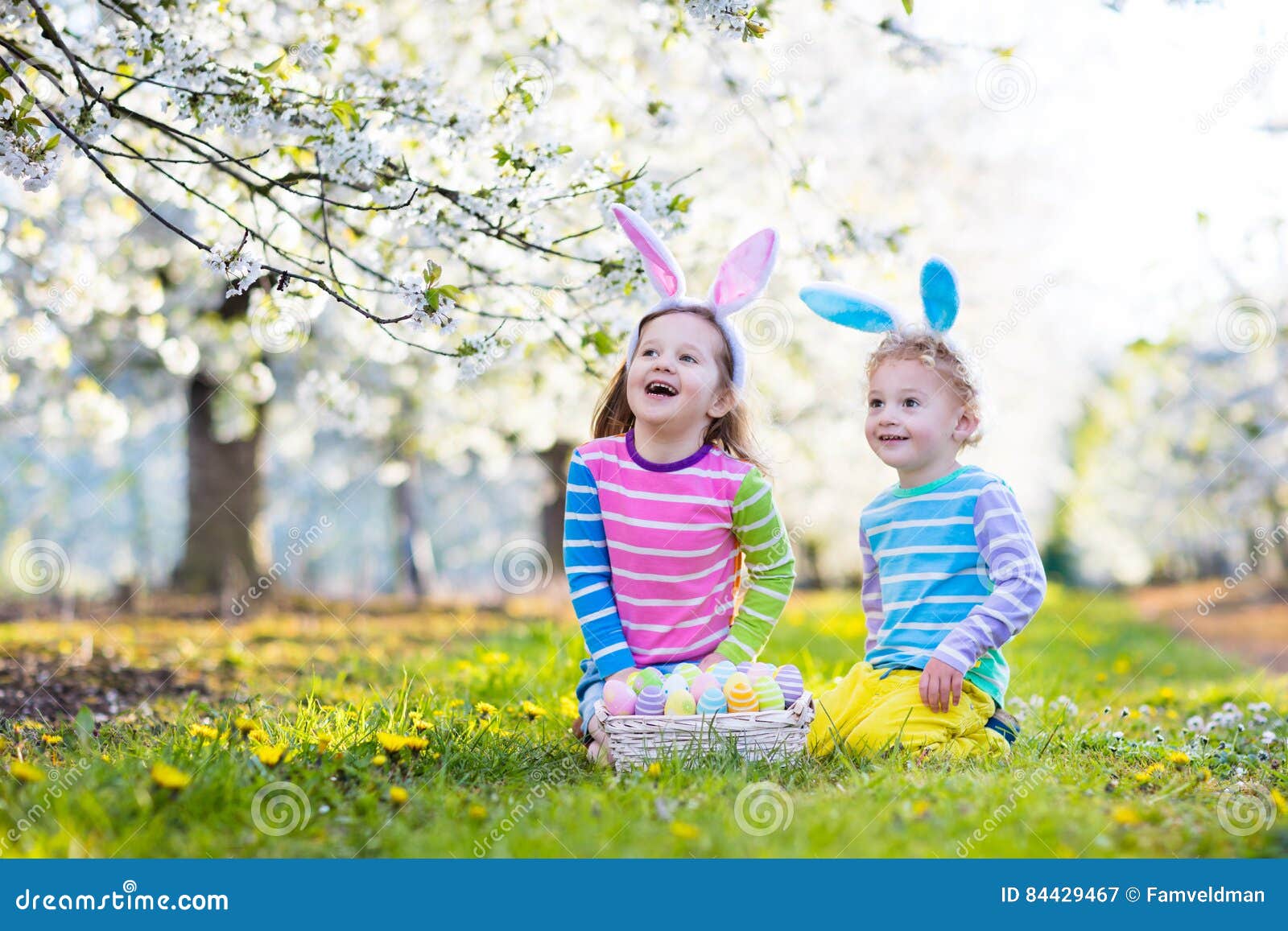 Easter egg hunt. Kids with bunny ears in spring garden. Kids on Easter egg hunt in blooming spring garden. Children with bunny ears searching for colorful eggs in apple blossom orchard. Toddler boy and preschooler girl in rabbit costume play outdoors.