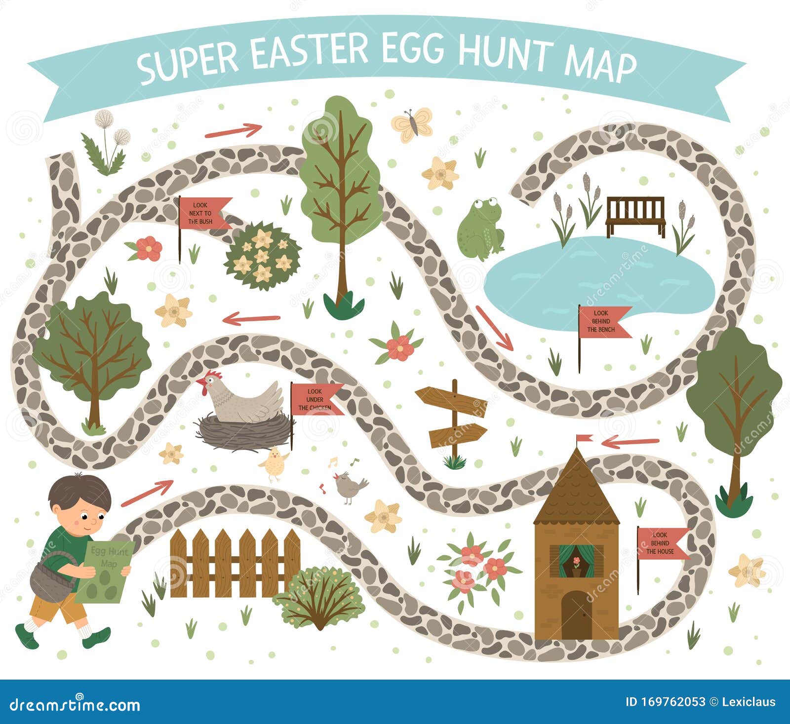 Easter Egg Hunt Map. Set of Flat Spring Cartoon Elements Stock Vector