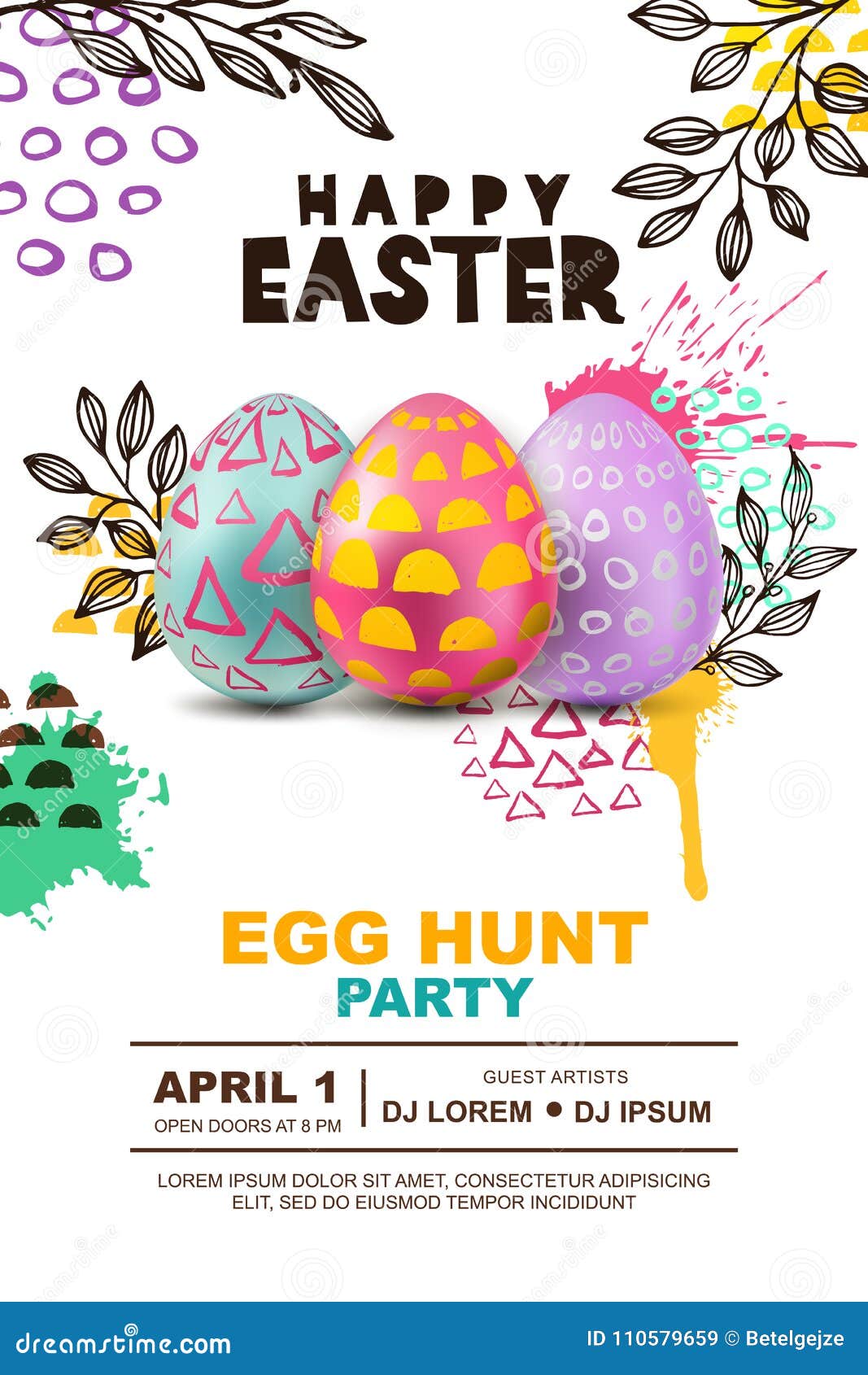 Easter Egg Hunt Party Vector Poster Design Template. Concept for Banner, Flyer, Invitation, Greeting Card, Backgrounds. Stock Vector - Illustration of happy, copyspace: 110579659