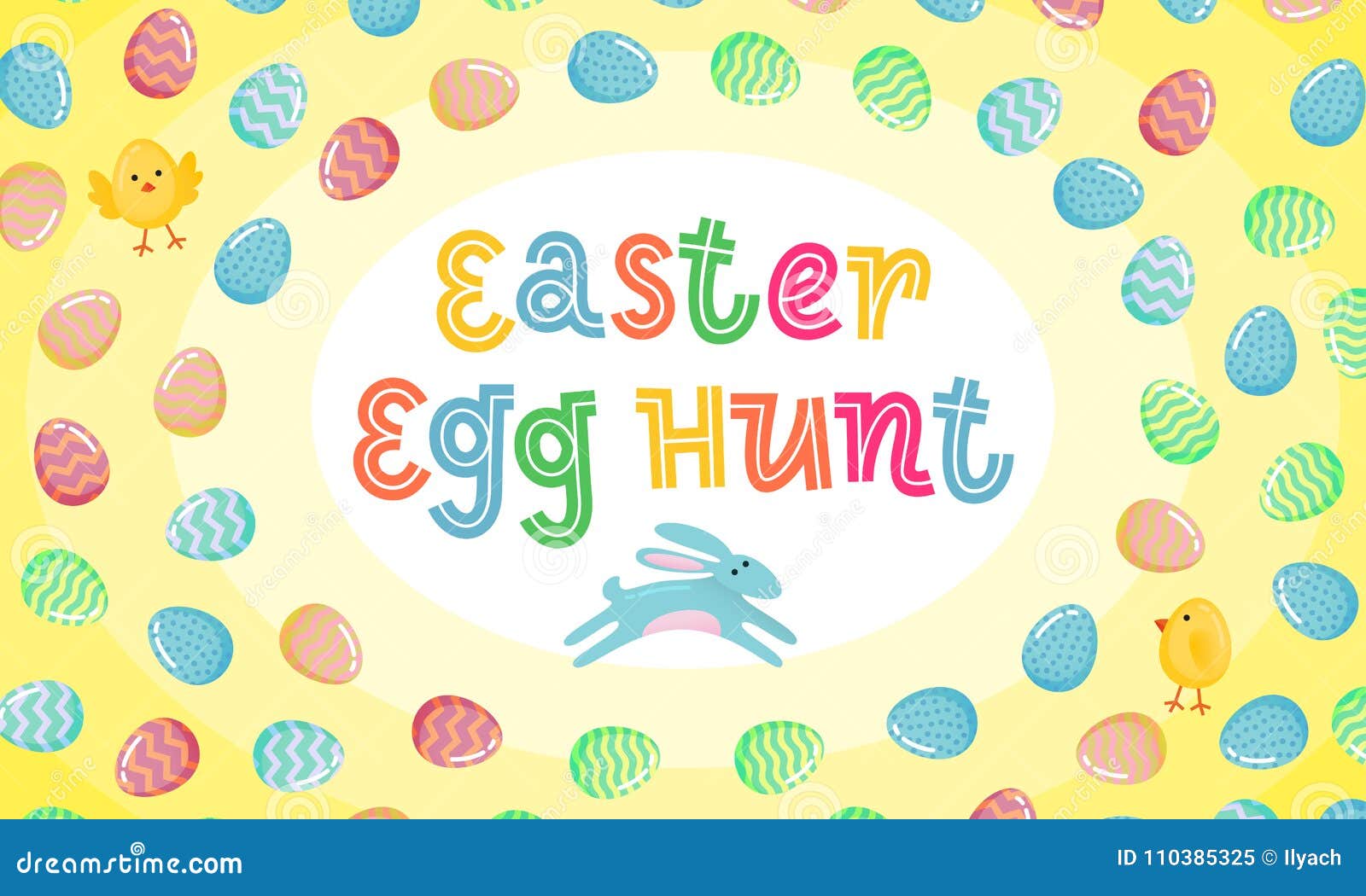 Easter Egg Hunt Vector Poster with Jumping Easter Banny and Colored Ornate Egg on Yellow
