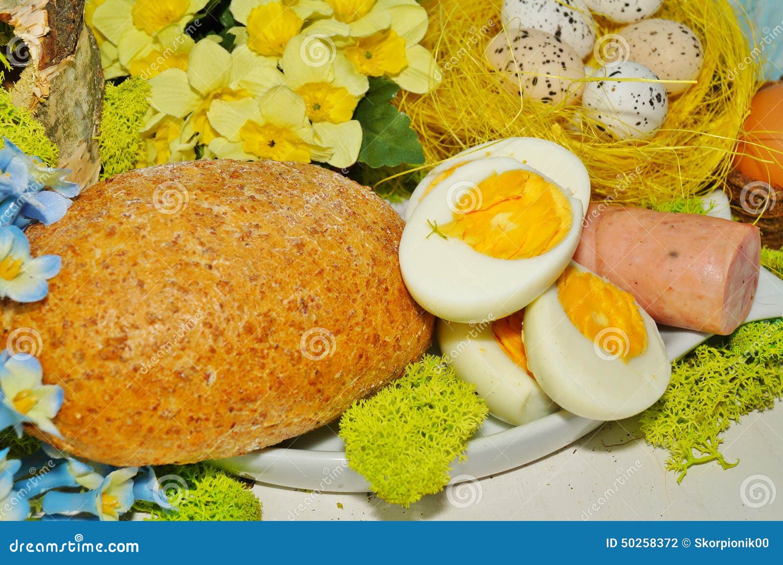 Easter Egg and Sausage in White Dishware for Easter Stock Photo Image of dinner, spring