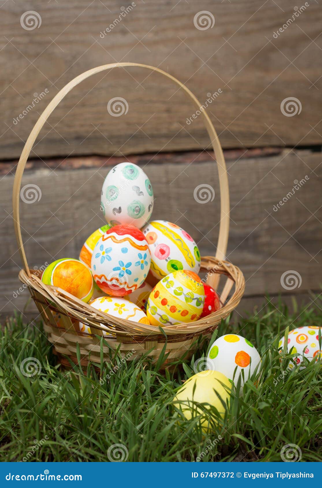 Easter eggs in the basket stock photo. Image of pattern 67497372