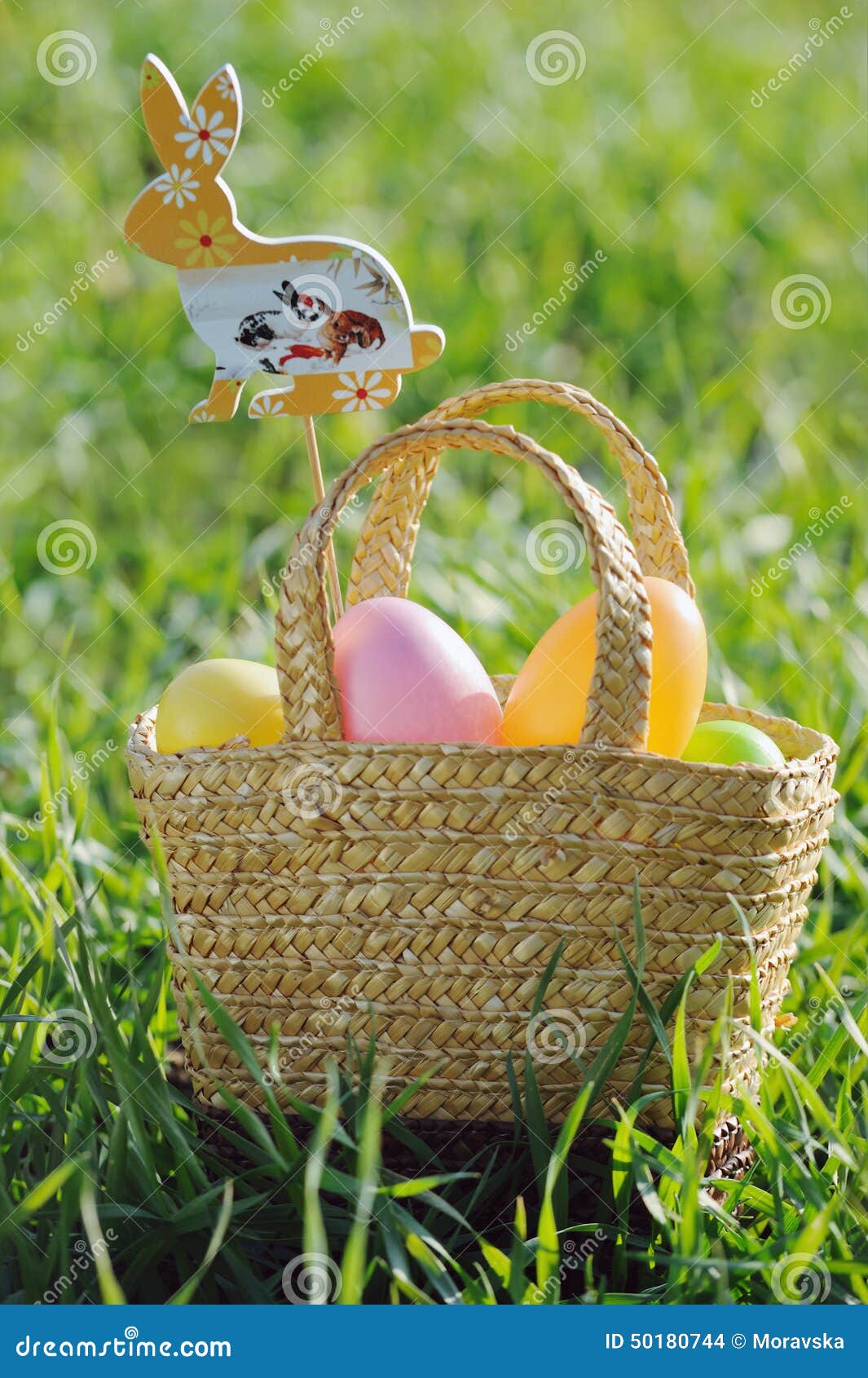 Easter Eggs in a Basket with Rabbit Decorations Stock Photo Image of