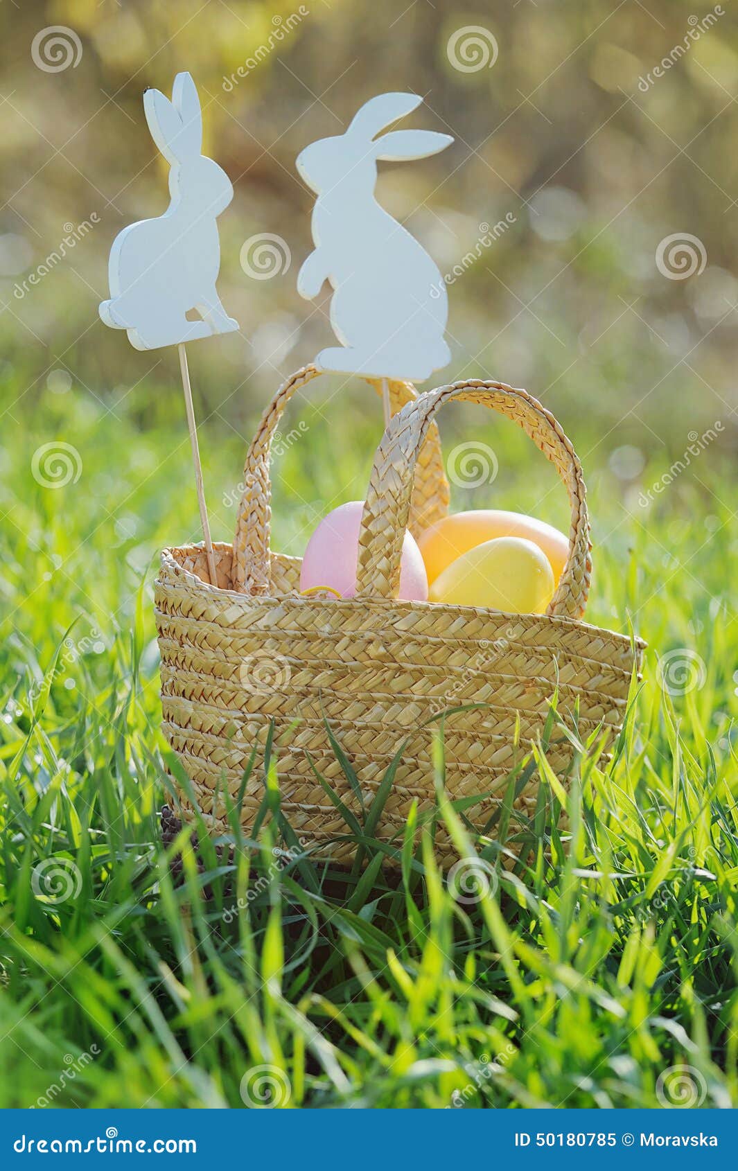 Easter Eggs in a Basket with Rabbit Decorations Stock Image Image of