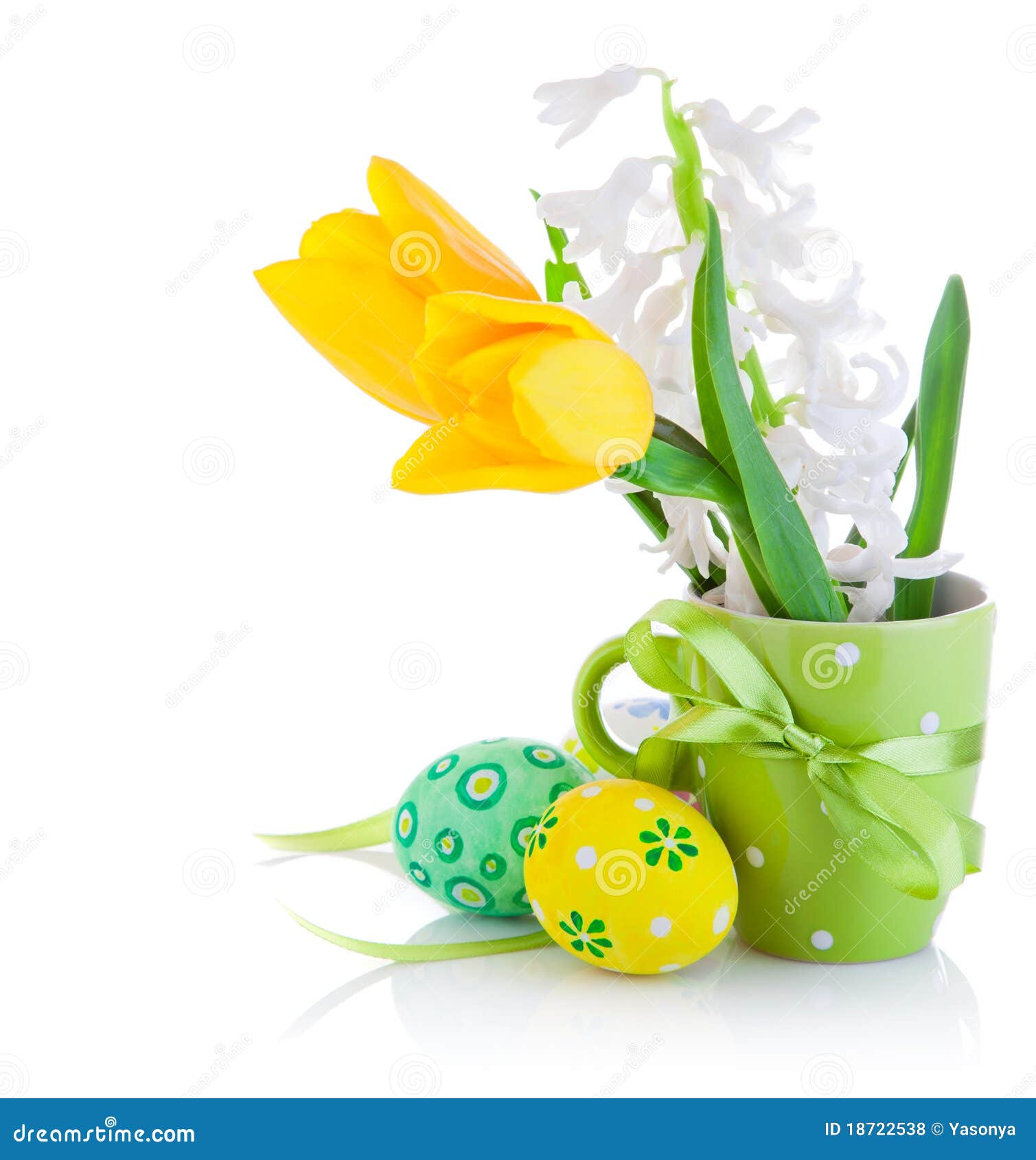 Easter Eggs in Basket with Yellow Tulip Flowers Stock Photo Image of