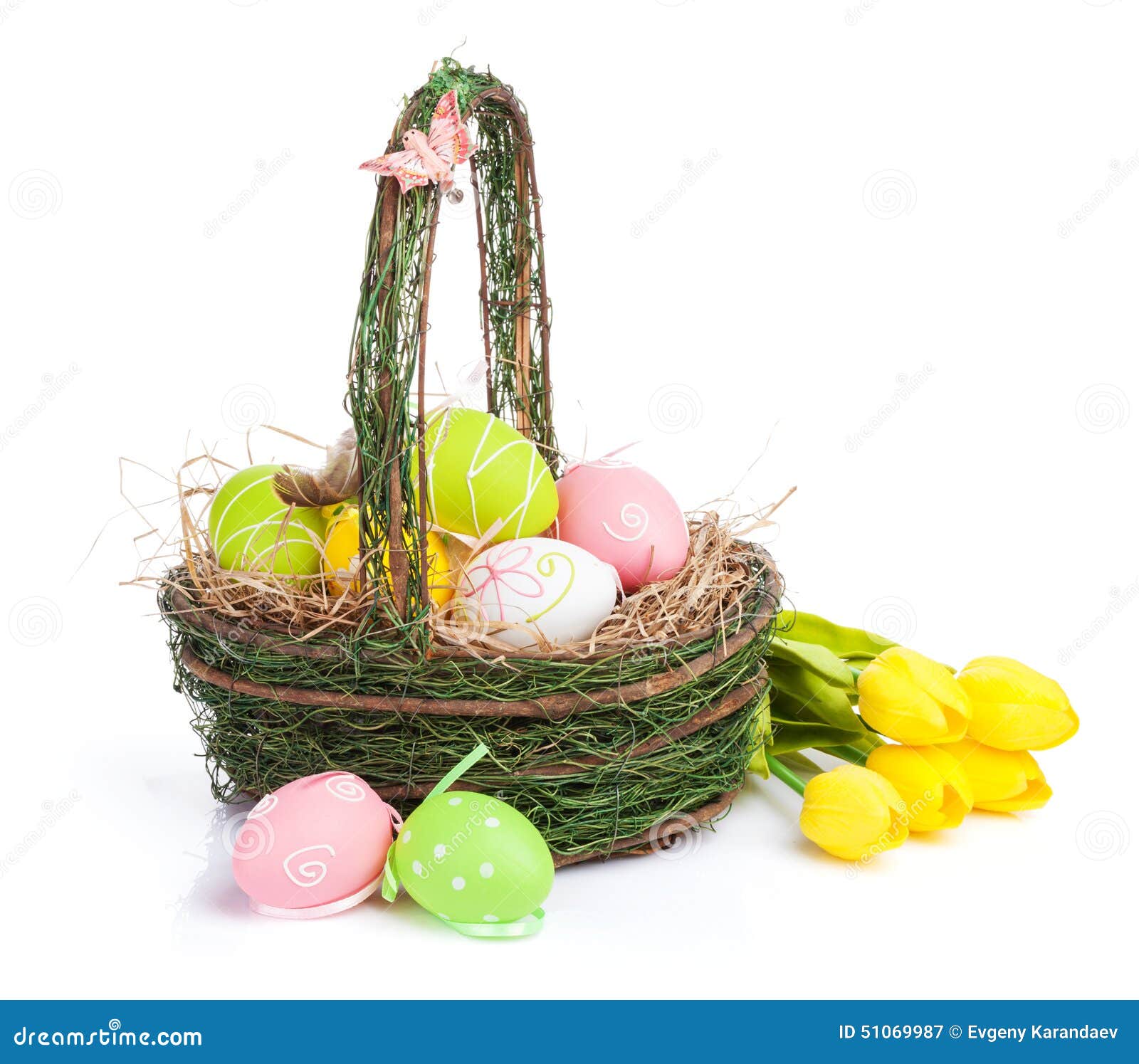 Easter Eggs Basket and Yellow Tulips Stock Image Image of seasonal