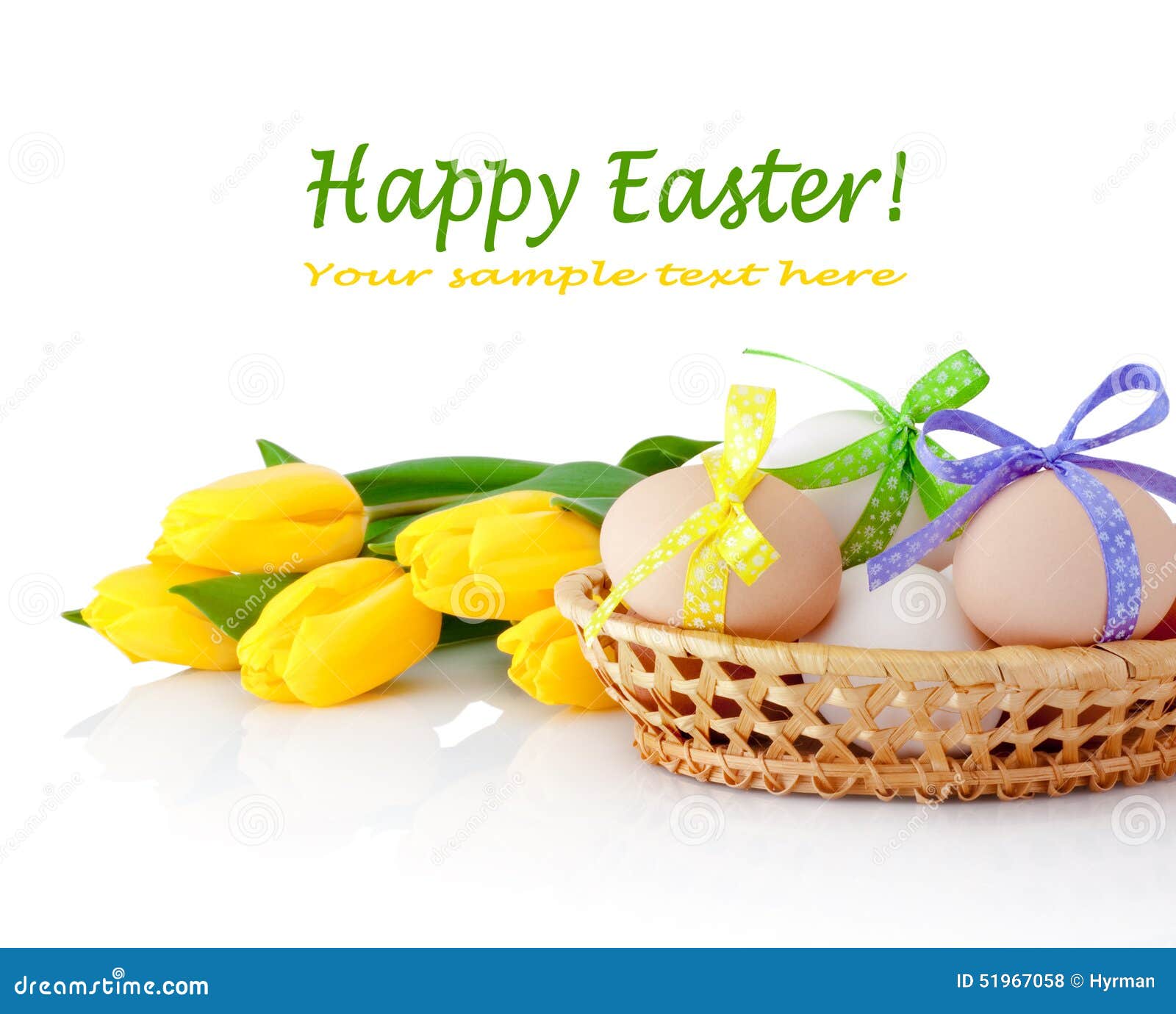 Easter Eggs in the Basket and Yellow Tulips Isolated on White Stock