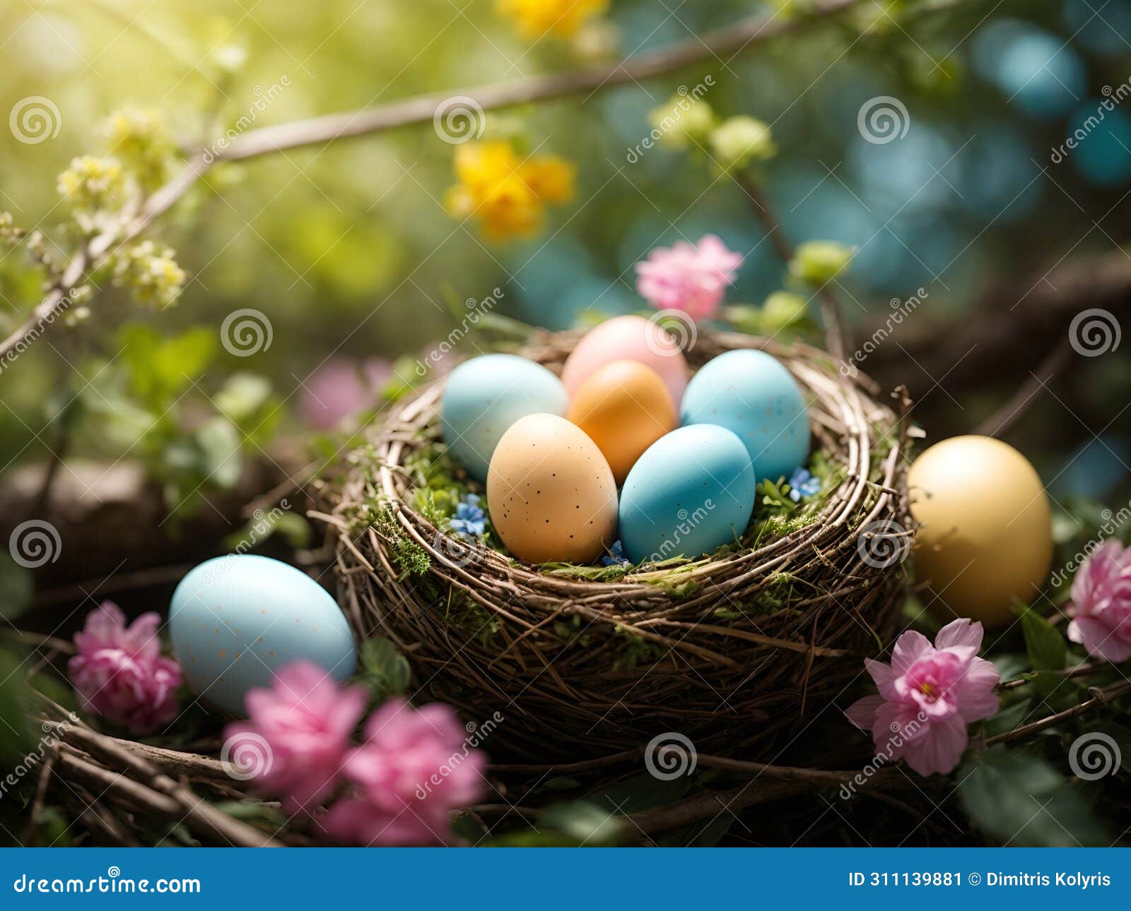 easter eggs in bird's nest on tree branch with flowers and springtime nature background