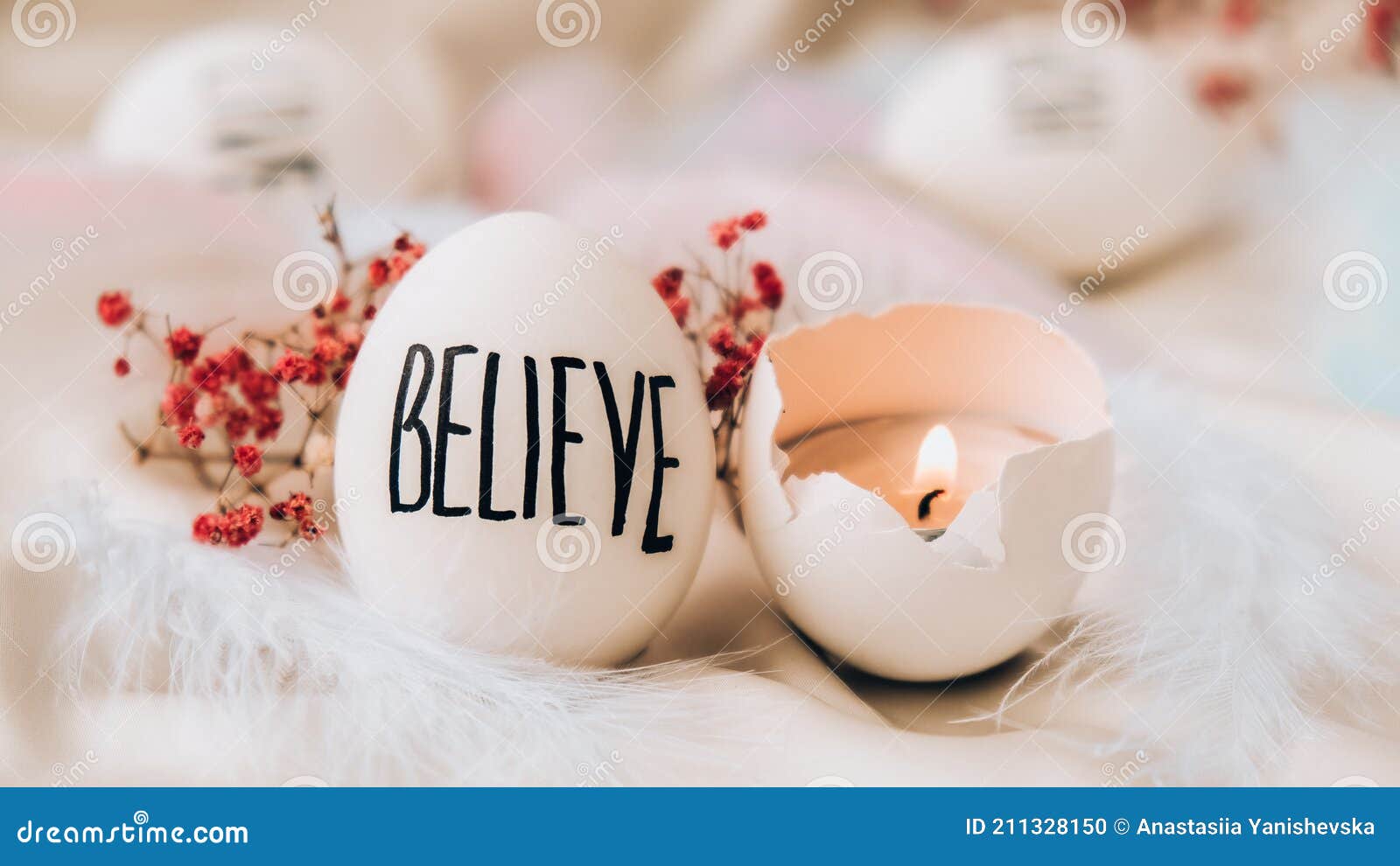 Easter Eggs Composition. Easter Message, Words Drawn with Pen. High Angle View of Shells on Table. Believe. Candle in Egg Shell Stock Photo - Image of minimalism, decoration: 211328150