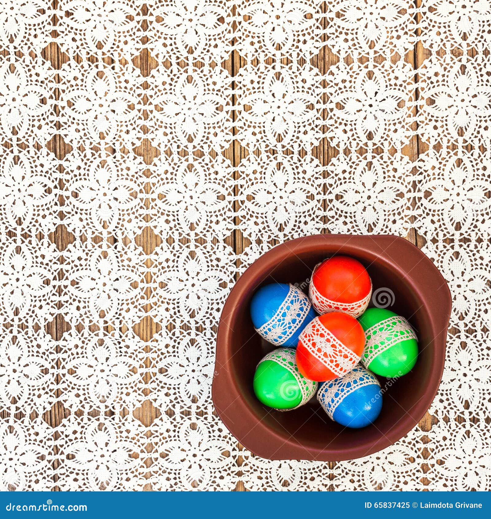 Easter Eggs Decorated with Lace in a Bowl on White Crochet Tablecloth Stock Image Image of