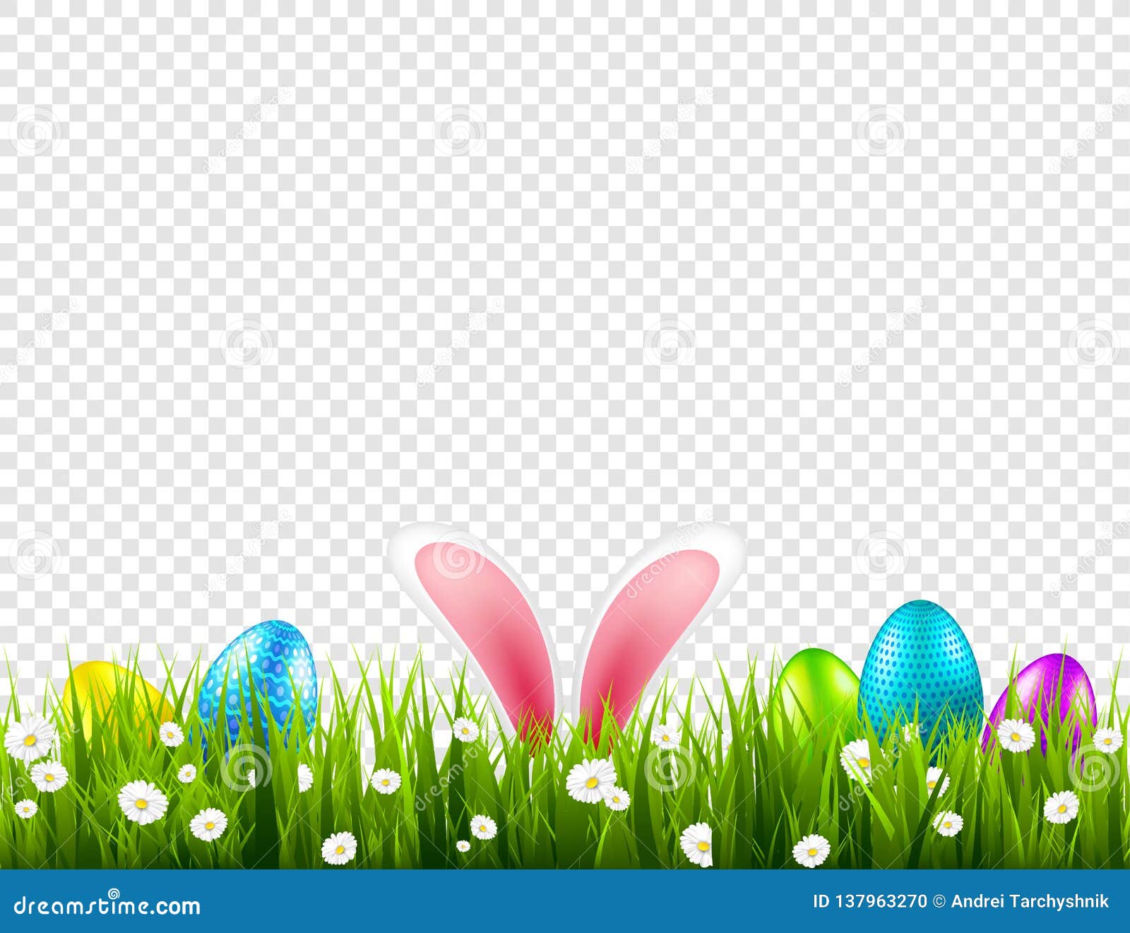easter eggs on grass with bunny rabbit ears set. spring holidays in april. sunday seasonal celebration with egg hunt.