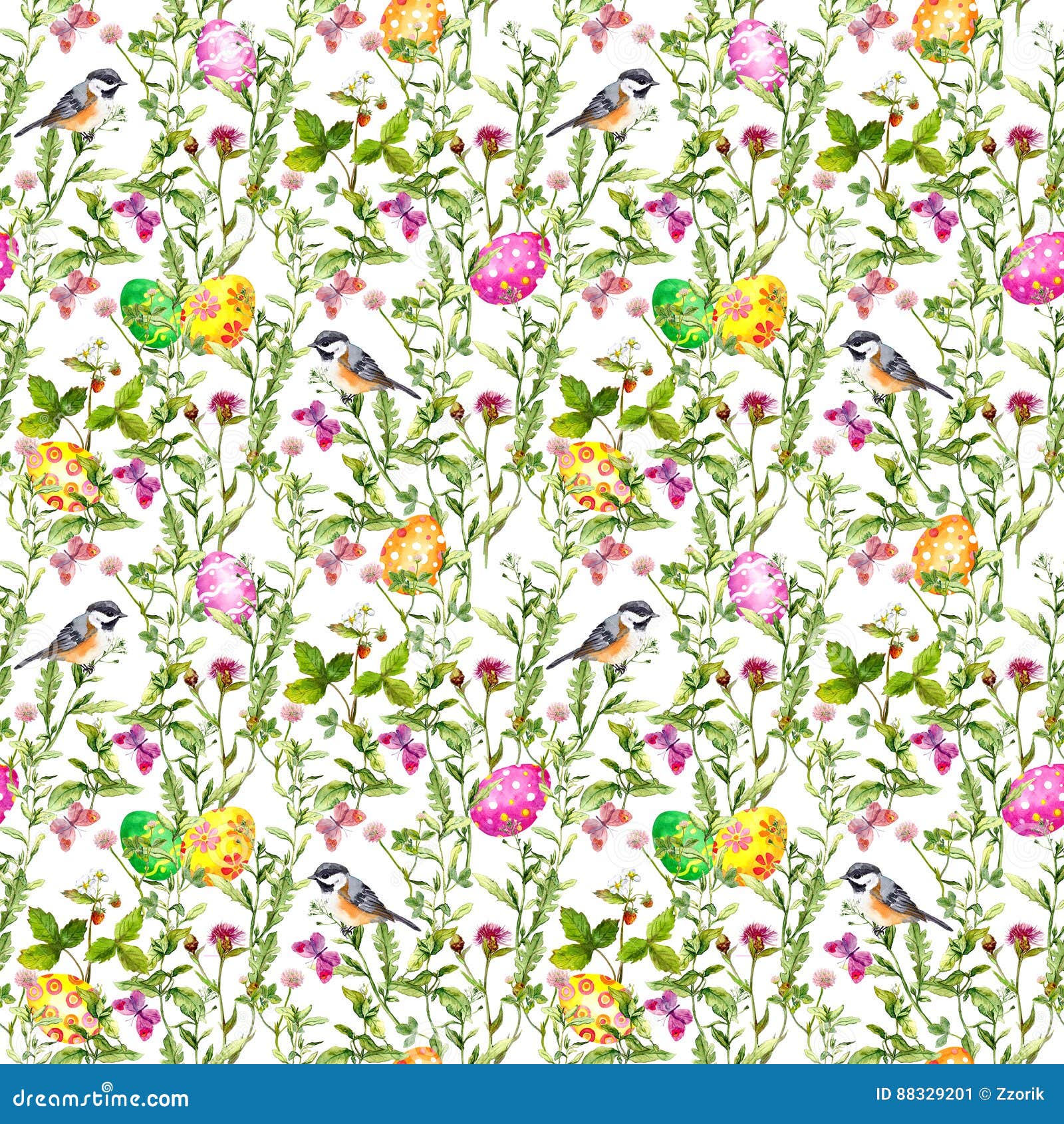 Easter Eggs in Grass. Seamless Pattern - Cute Bird, Flowers ...