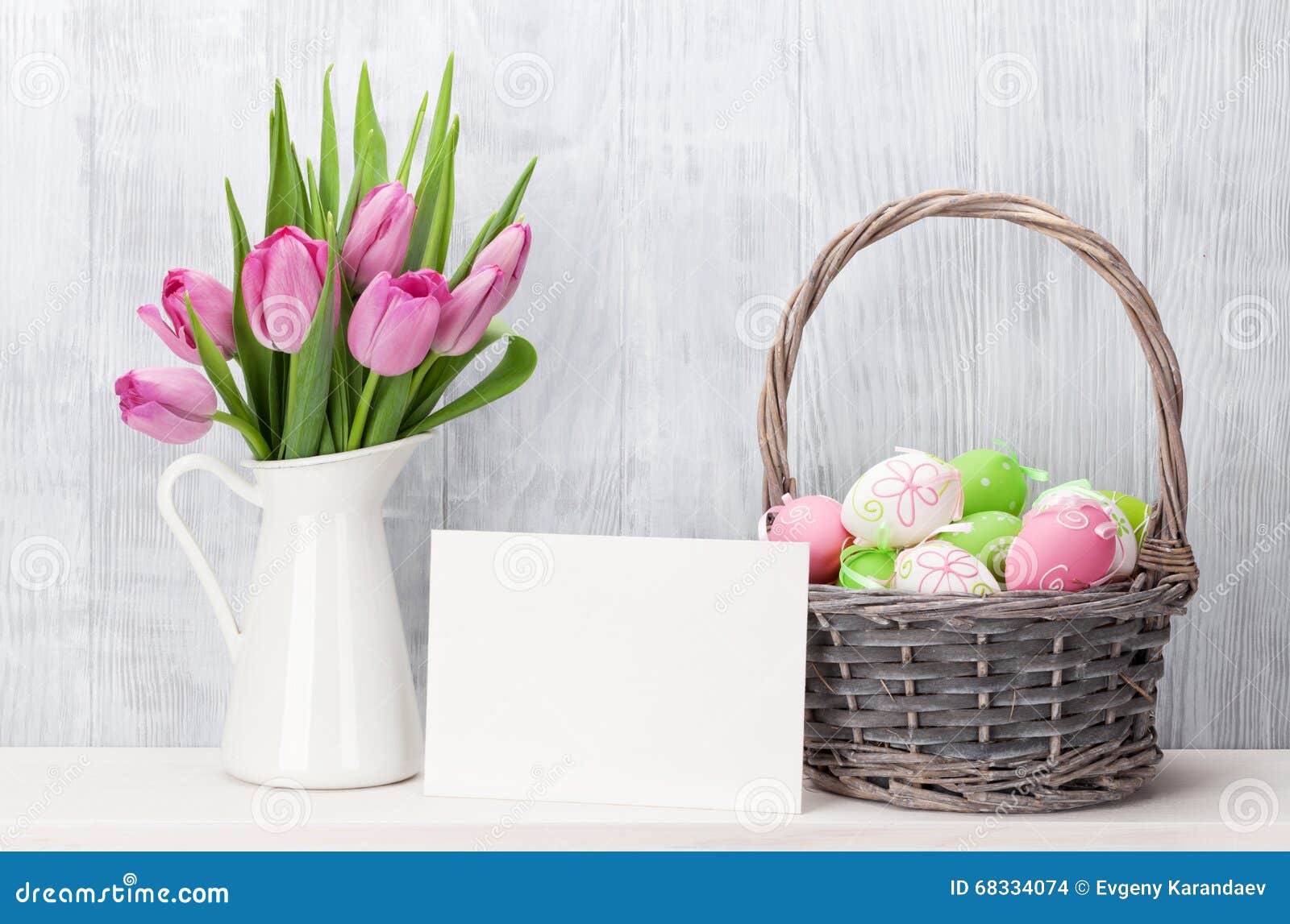 Easter Eggs, Greeting Card and Pink Tulips Stock Photo - Image of happy ...